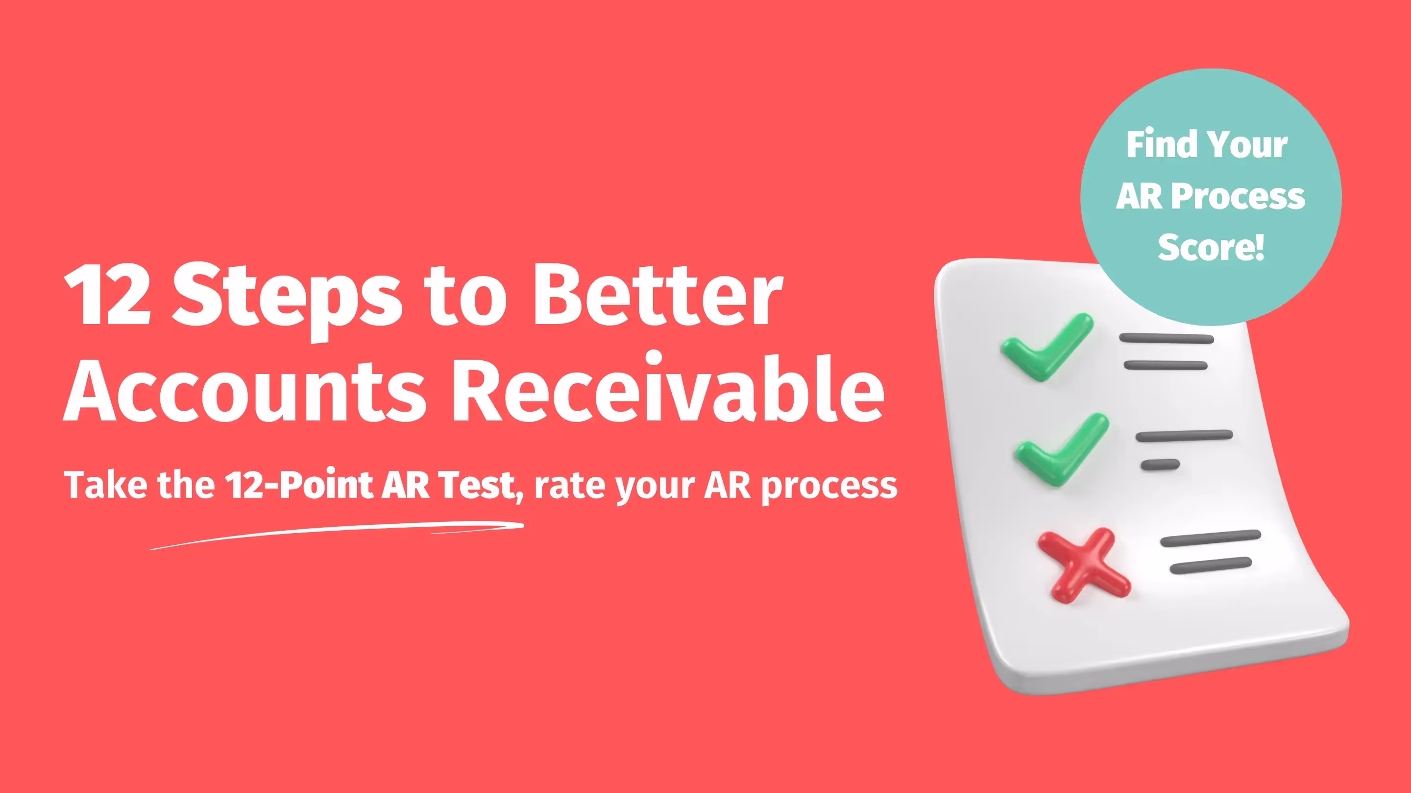Infographic titled '12 Steps to Better Accounts Receivable' with subtitle 'Take the 12-Point AR Test, rate your AR process'. Features a stylized checklist icon with green checkmarks and a red X. A teal circle overlay reads 'Find Your AR Process Score!'. Background is coral red