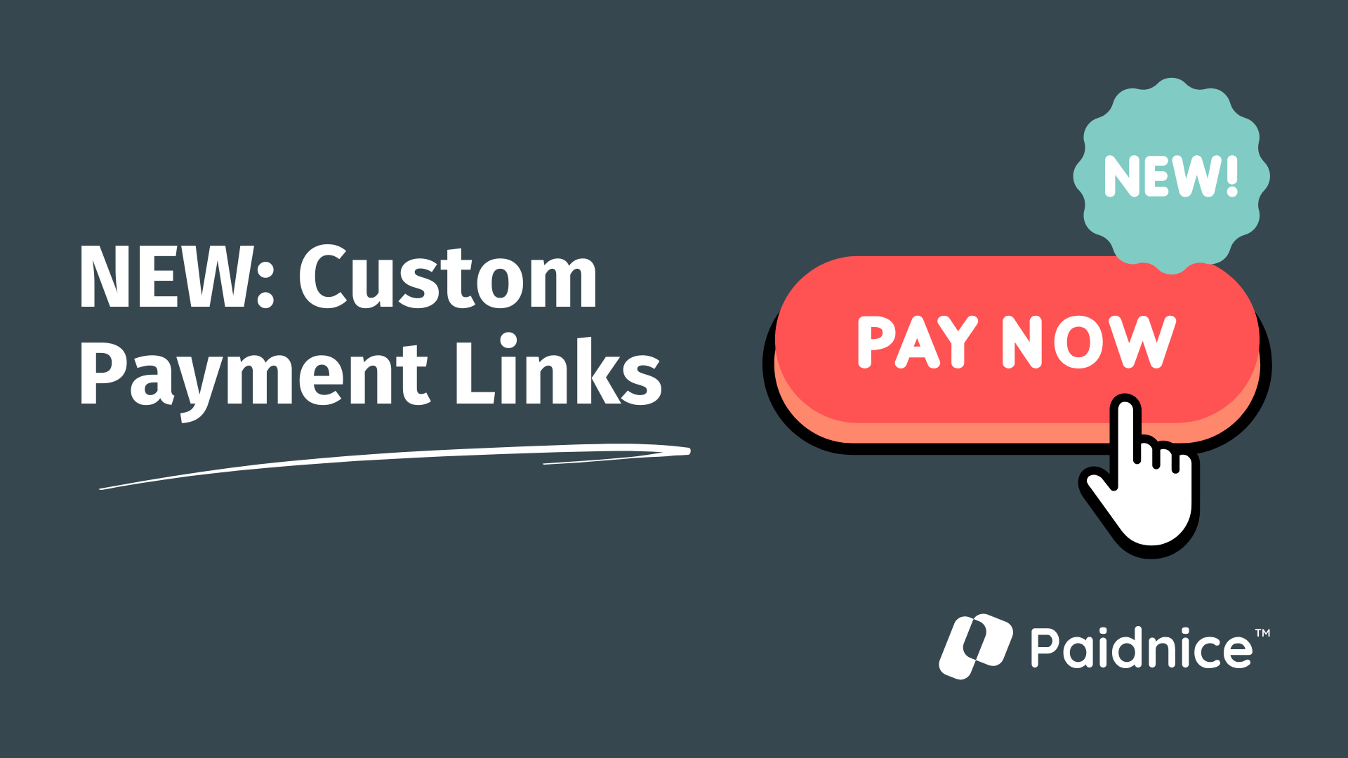 Announcement graphic with dark teal background featuring 'NEW: Custom Payment Links' in large white text on the left, and a prominent red 'PAY NOW' button being clicked by a white cursor on the right. A teal 'NEW!' badge appears in the top right corner, with the Paidnice logo in the bottom right.
