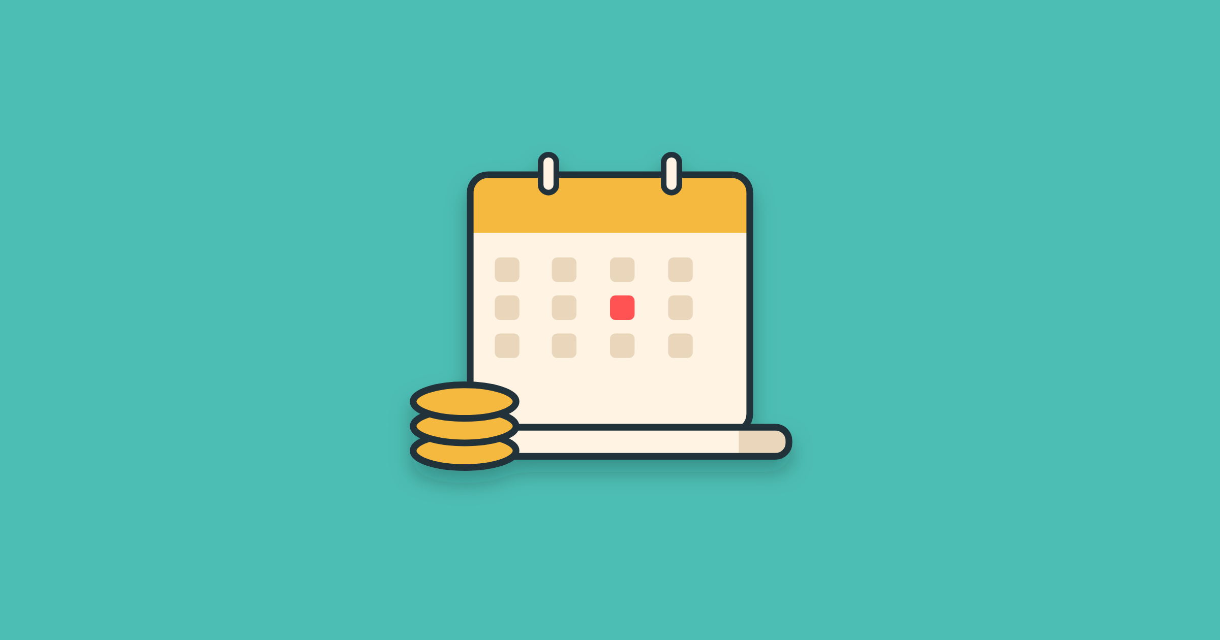 Illustration of a calendar with one instalment date marked and coins stacked in front, for customer payment plans