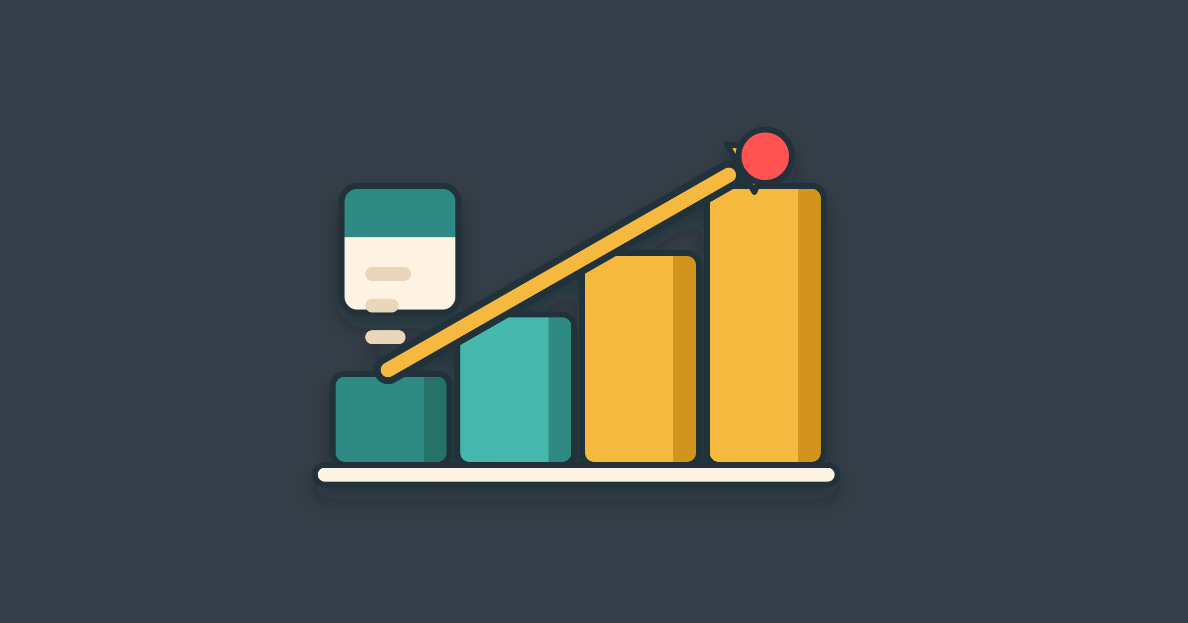 Illustration of an invoice climbing rising steps to a coral node, for an invoice escalation ladder