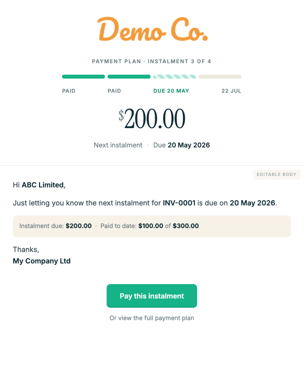 Paidnice illustration showing a payment plan being added to a Xero invoice