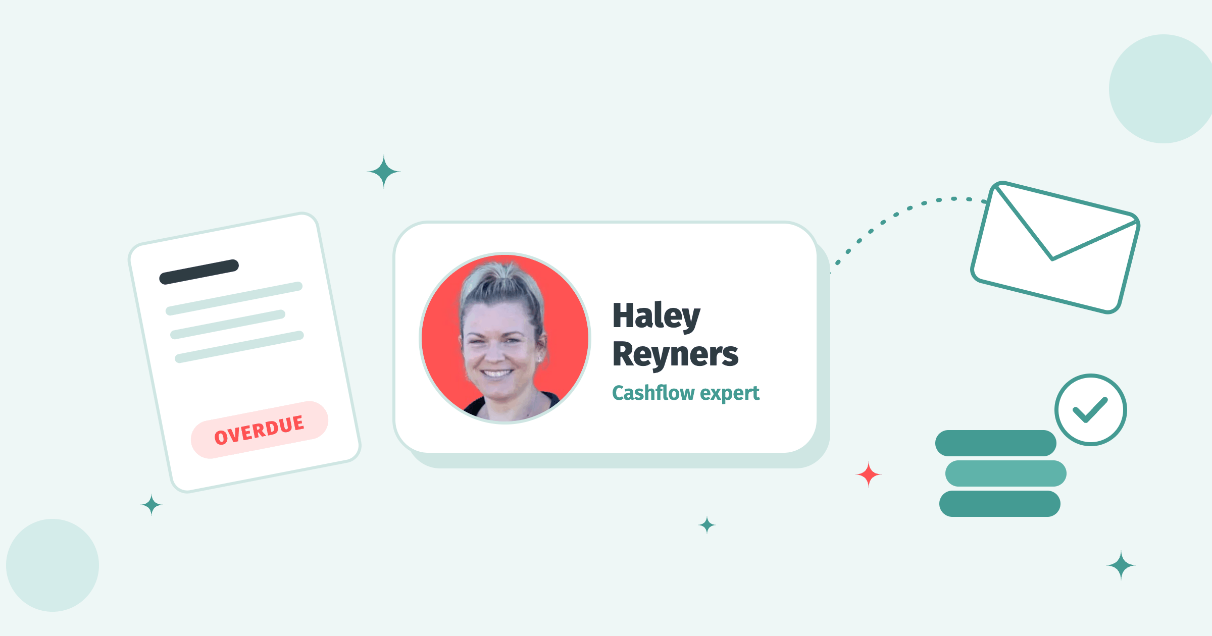 Round portrait of cashflow expert Haley Reyners on a white tile, with an overdue invoice, an envelope and paid coins