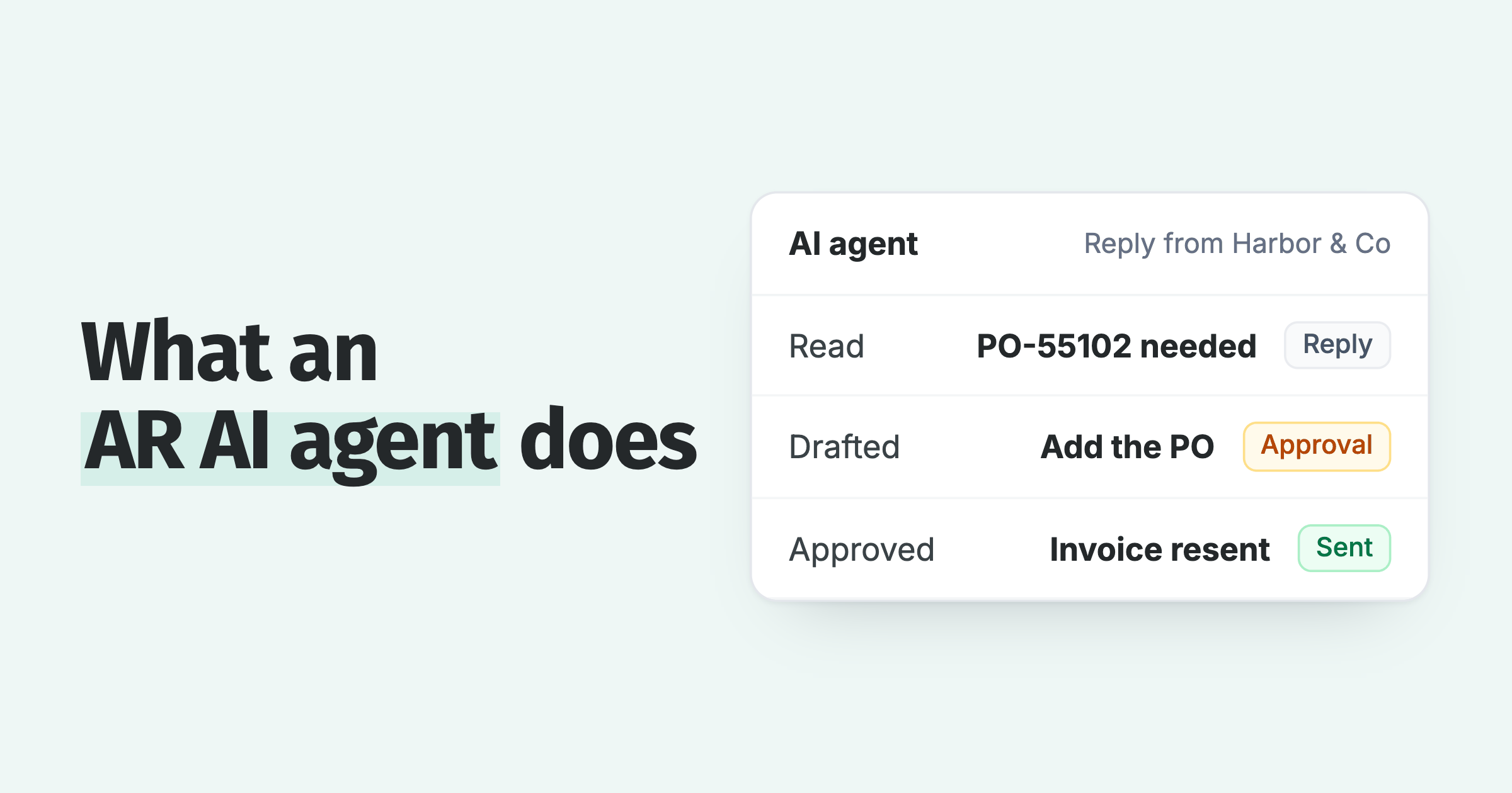Paidnice AI agent card: a reply asking for a PO number, the PO added to the invoice and the invoice resent after approval