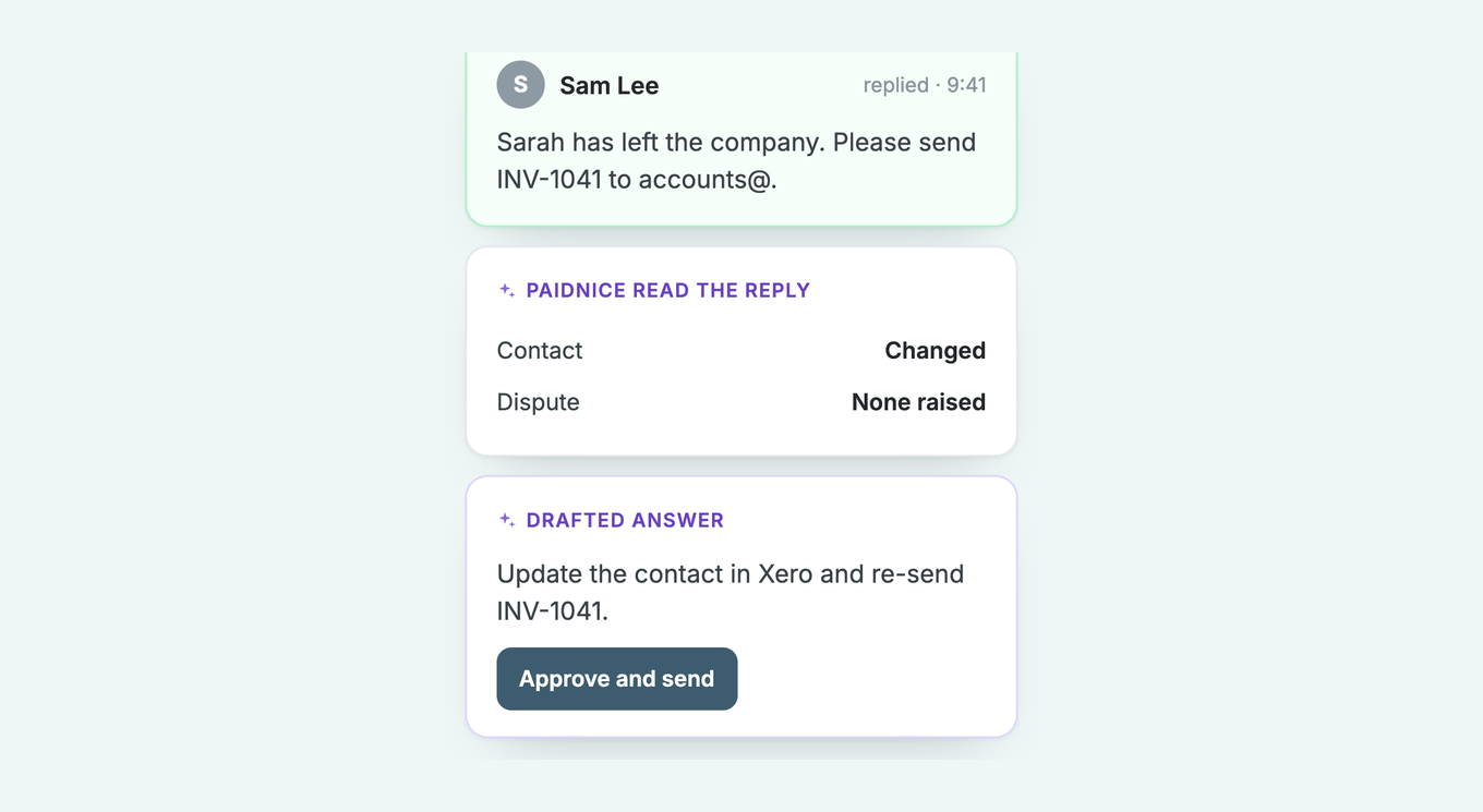 Paidnice AI reads a reply from Sam Lee that the contact has left, and drafts an answer to approve and send