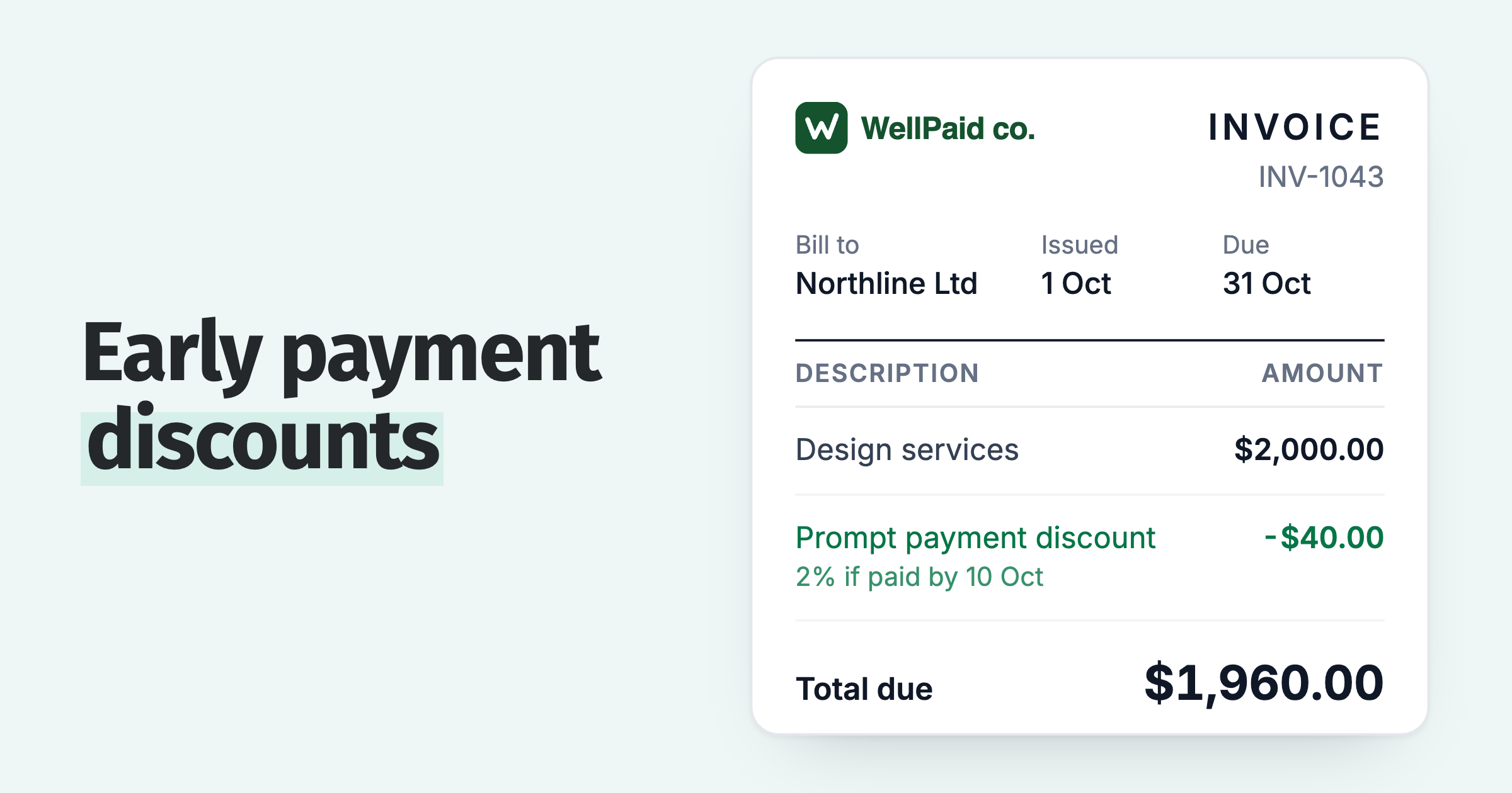 Invoice with a 2% prompt payment discount line that Paidnice removes when the discount period ends