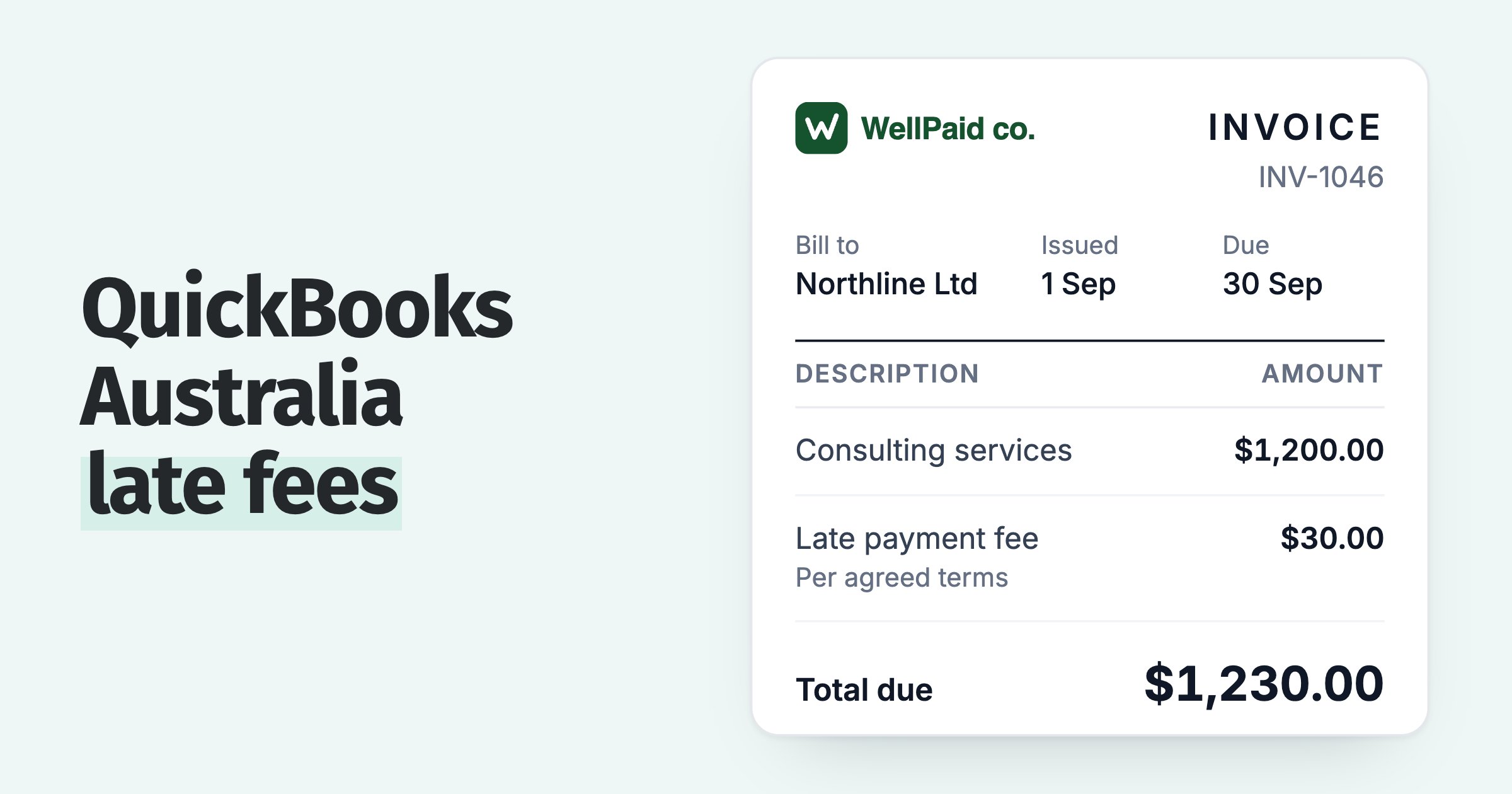Invoice from WellPaid co. with a $30 late payment fee line added under the agreed terms