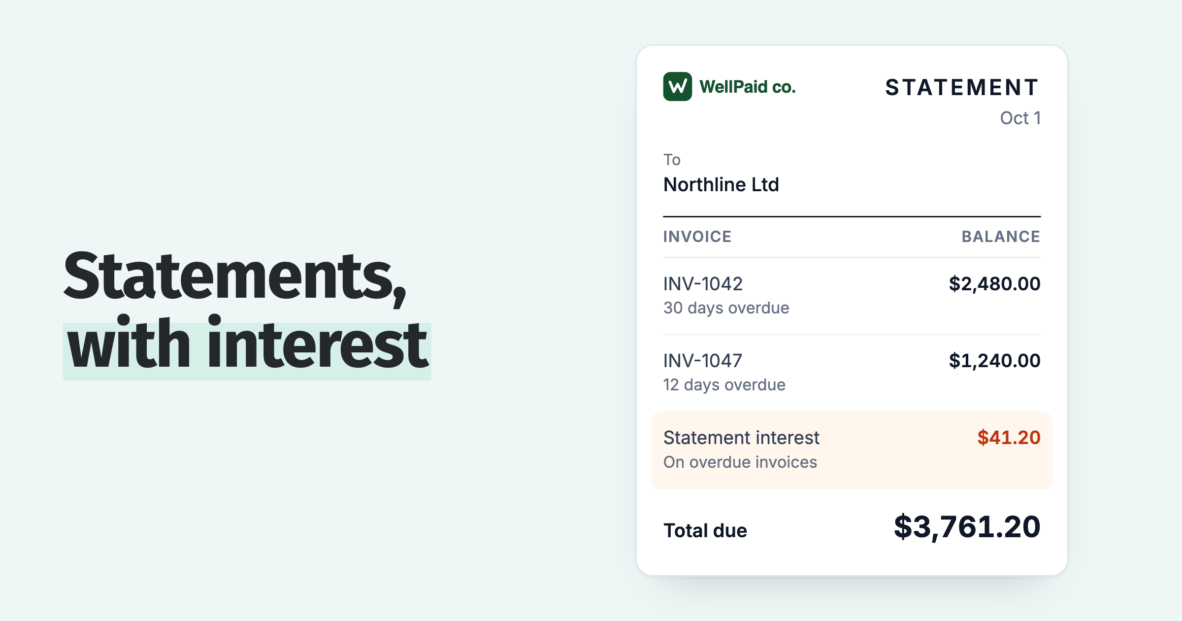 Customer statement for Northline Ltd with two overdue invoices and a statement interest line