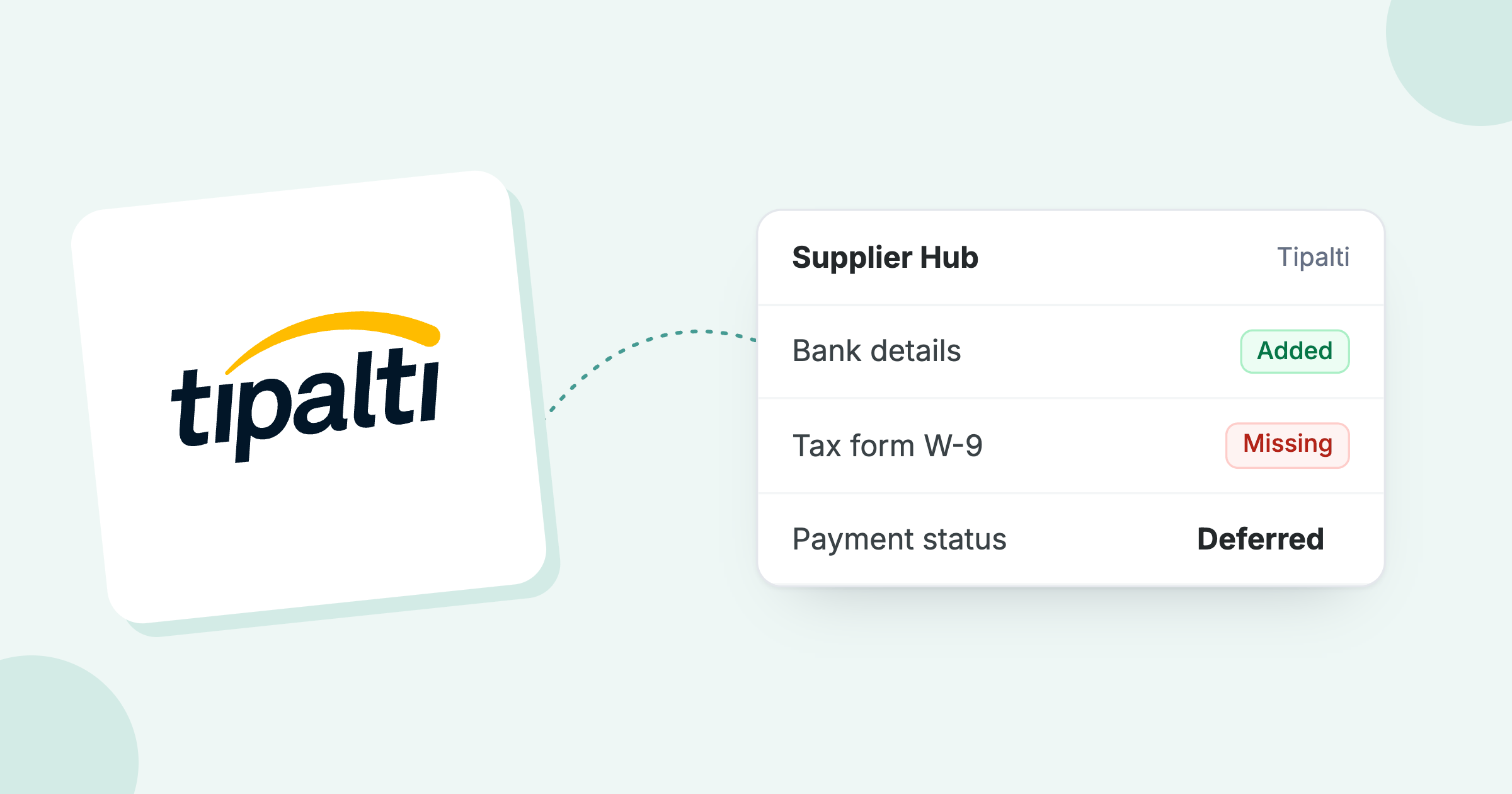 Tipalti logo beside a Supplier Hub profile: bank account added, W-9 tax form missing, payment Deferred
