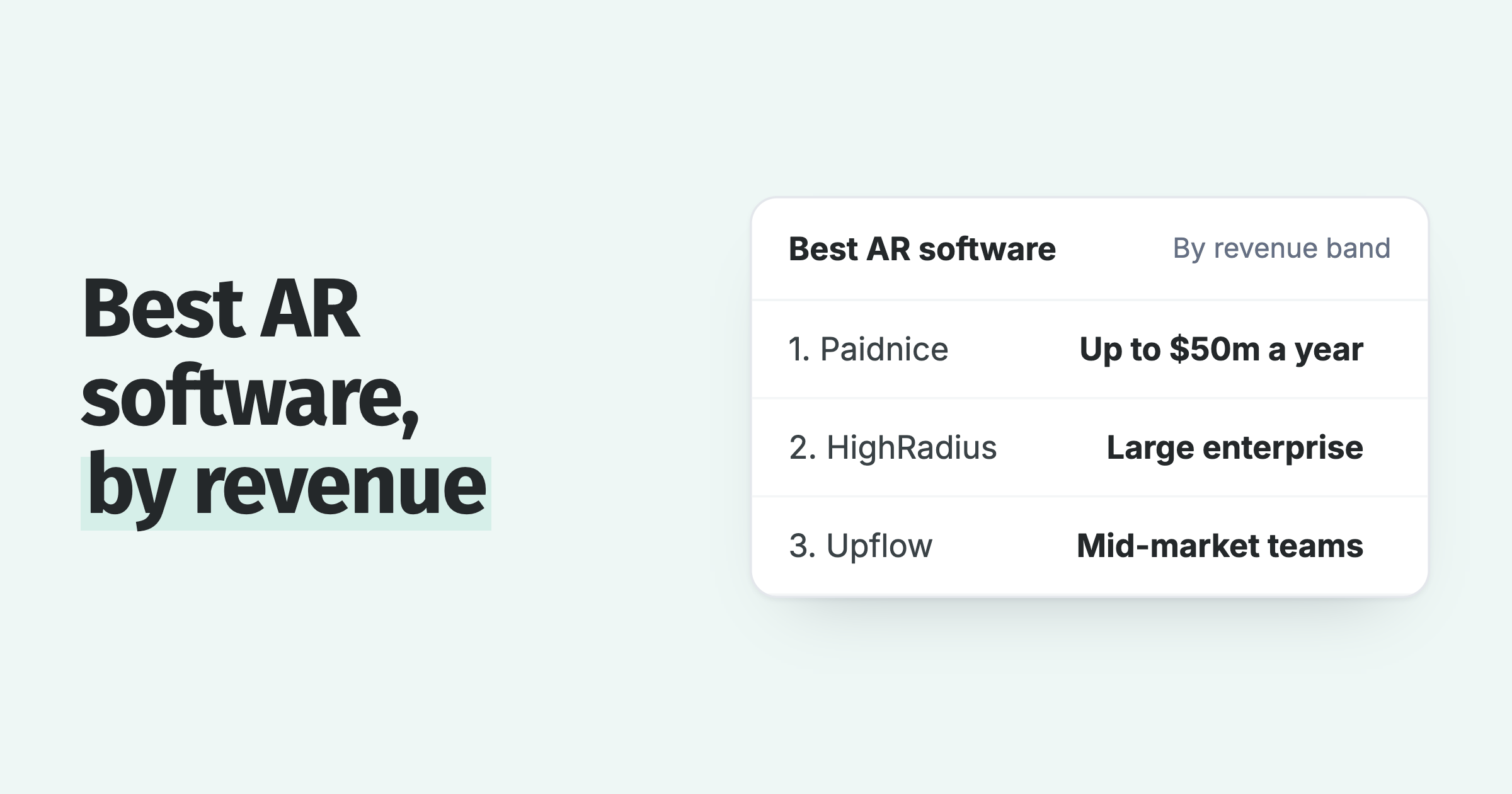Best AR software by revenue band: Paidnice up to $50m a year, HighRadius for enterprise, Upflow for mid-market