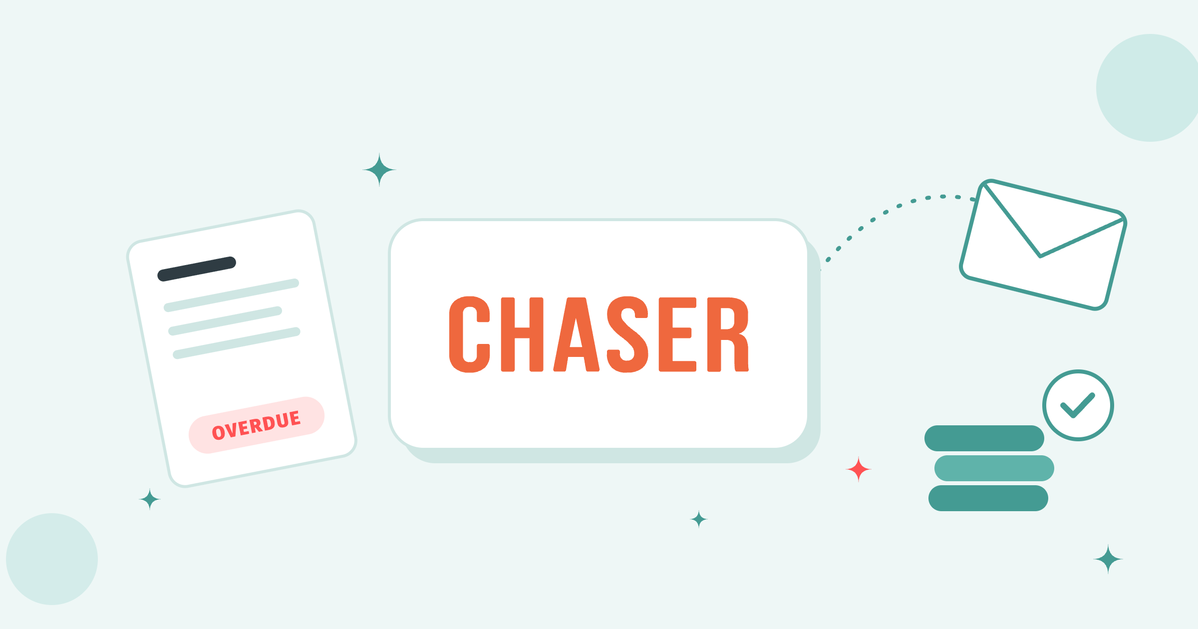Chaser logo on a white tile between an overdue invoice and a flying envelope with a stack of paid coins