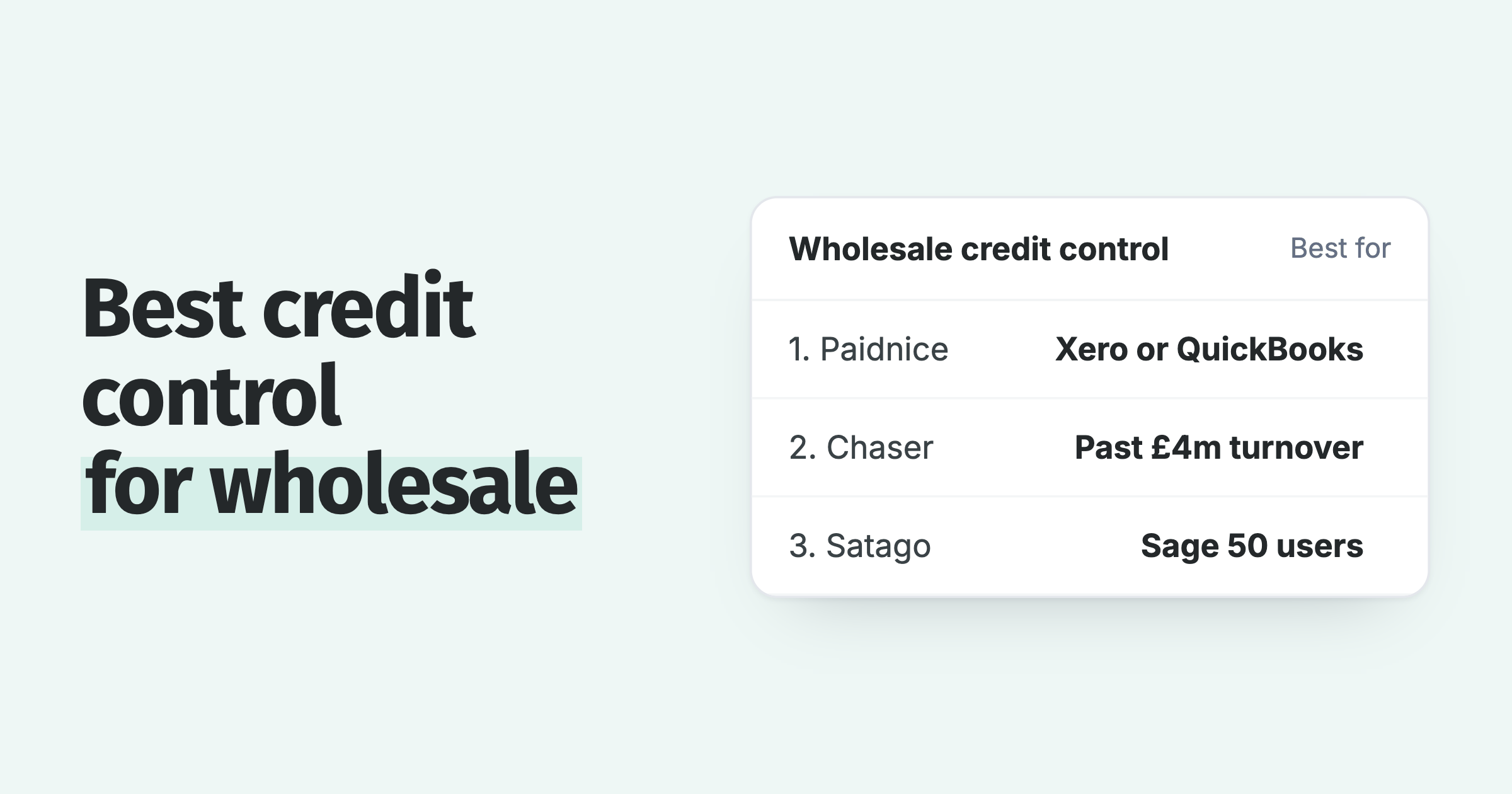 Wholesale credit control by fit: Paidnice for Xero or QuickBooks, Chaser past £4m turnover, Satago for Sage 50