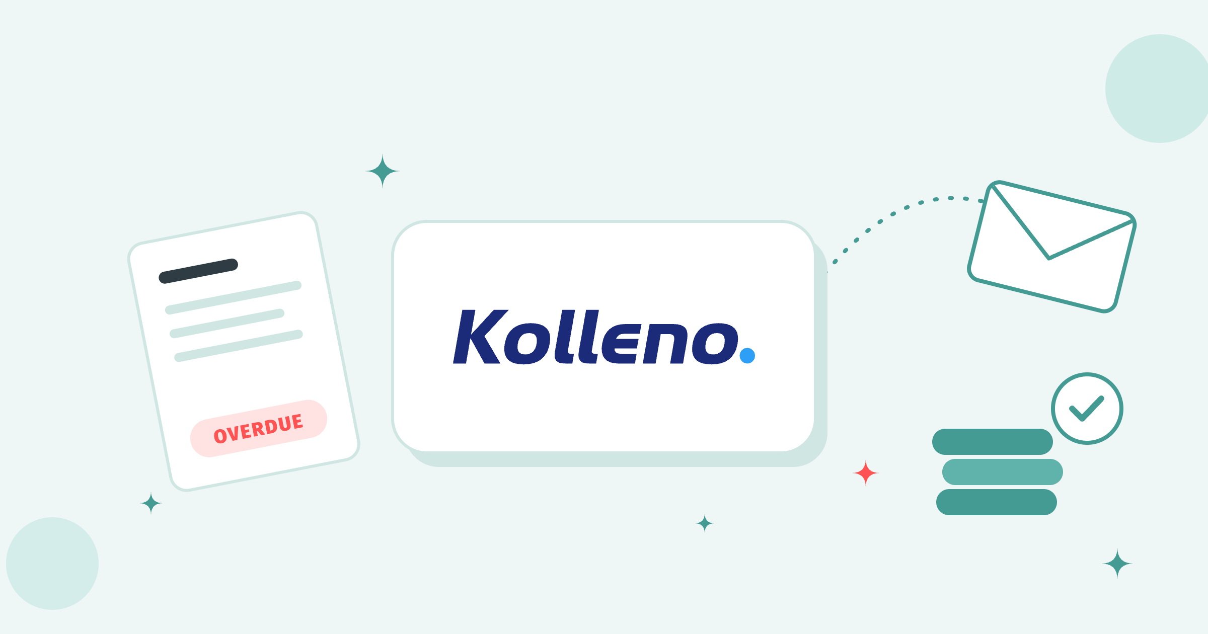 Kolleno logo on a white tile between an overdue invoice and a flying envelope with a stack of paid coins
