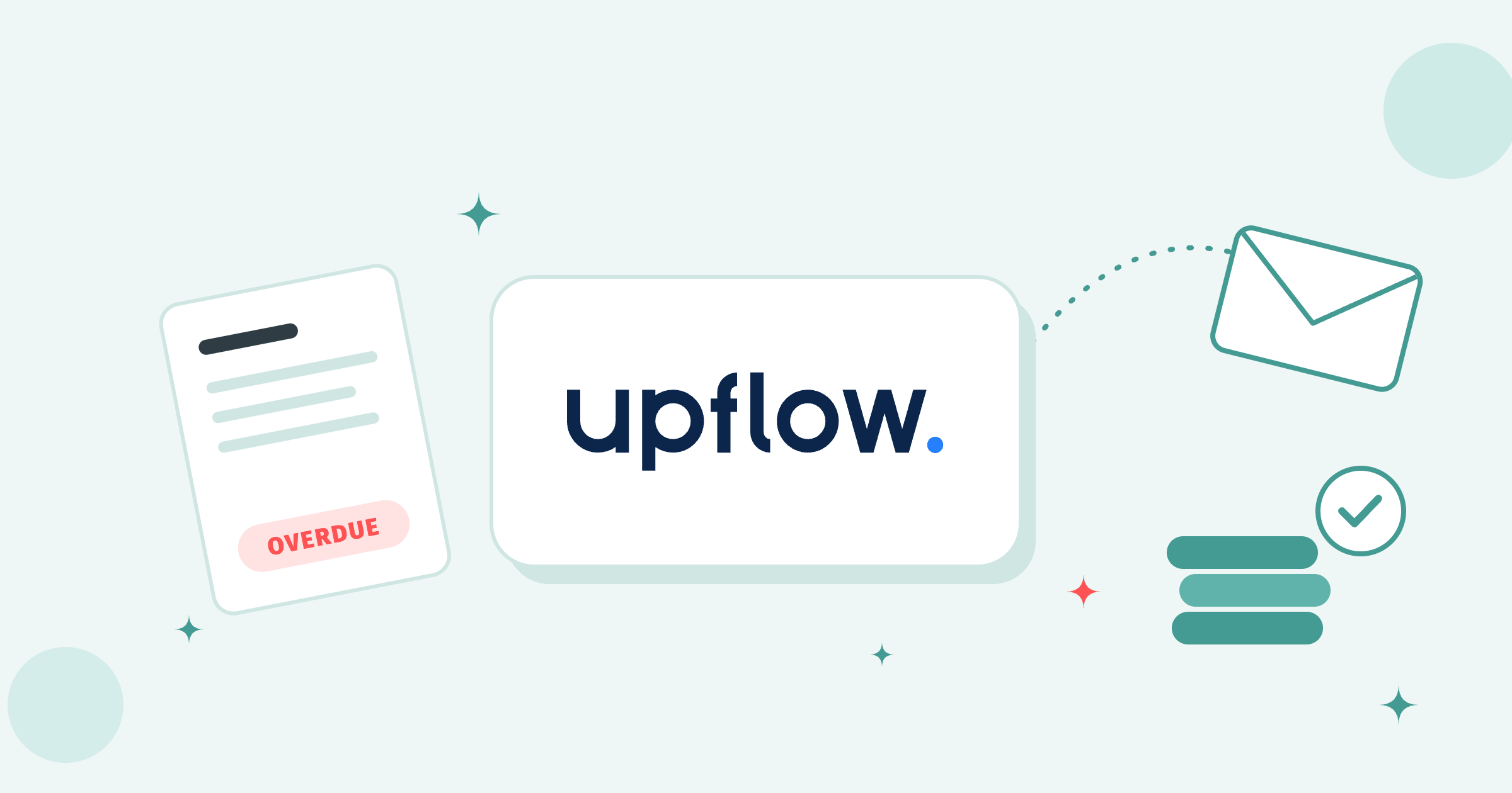 Upflow logo on a white tile between an overdue invoice and a flying envelope with a stack of paid coins