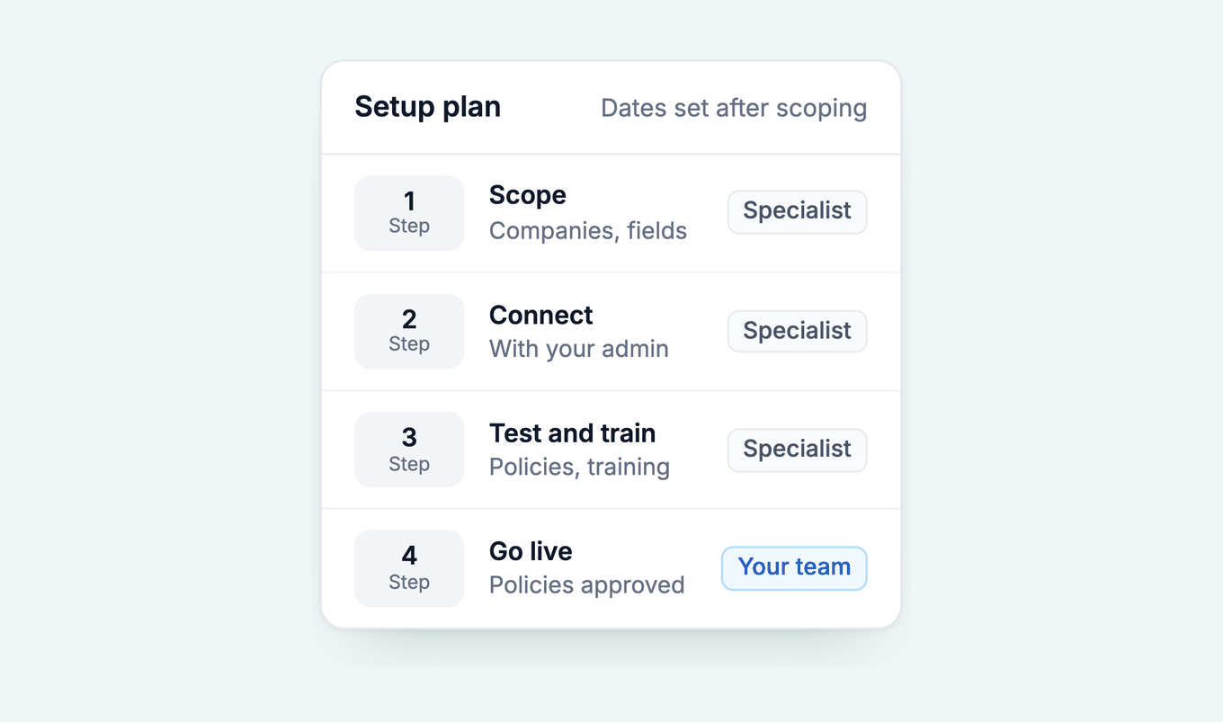 Four-step Business Central setup plan: scope, connect, test and train, go live, with the owner of each step