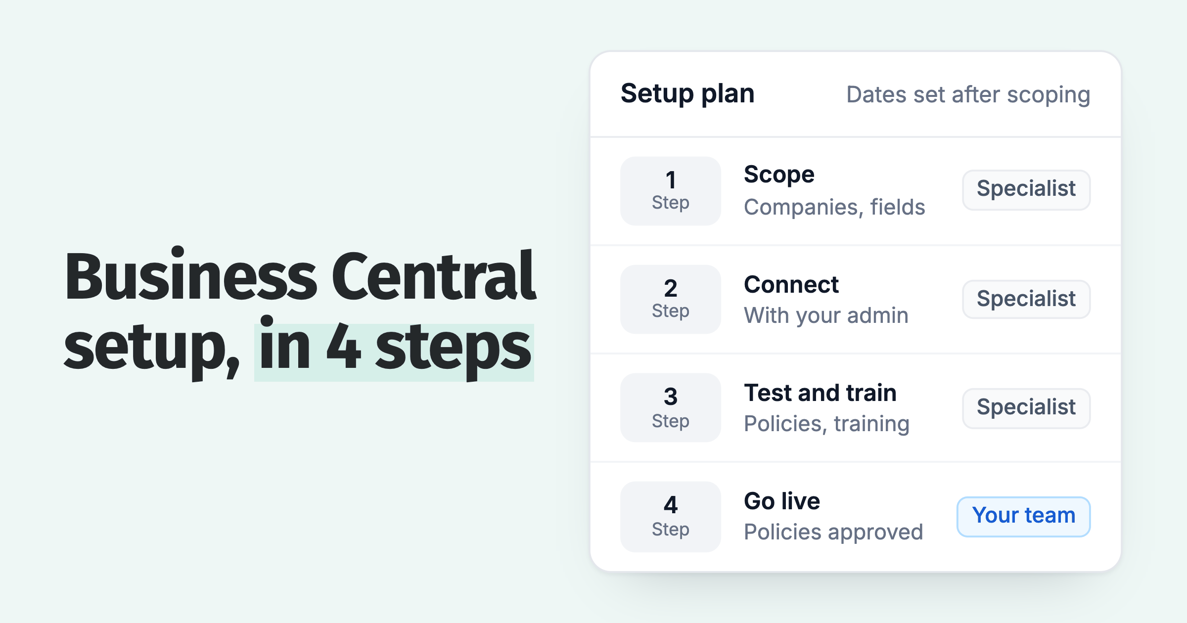 Four-step Business Central setup plan: scope, connect, test and train, go live, with the owner of each step