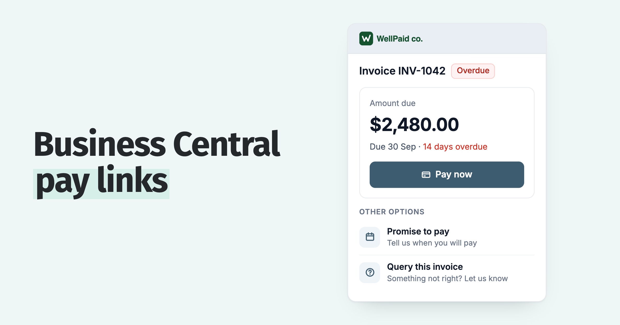 Customer portal page for an overdue invoice with a Pay now button, promise to pay and Query this invoice