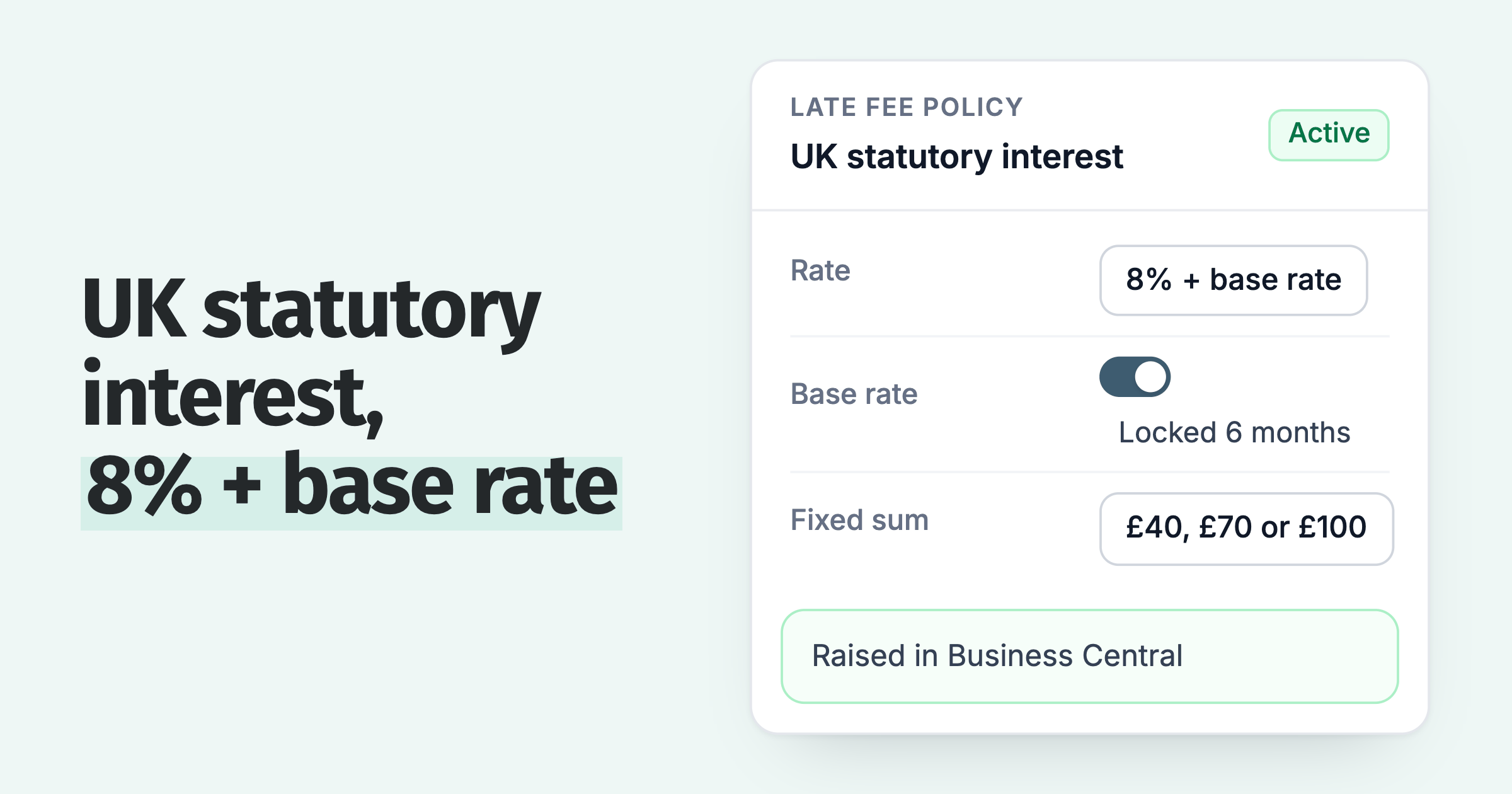 Paidnice UK statutory interest policy: 8% plus base rate, locked six months, fixed sums, raised in Business Central