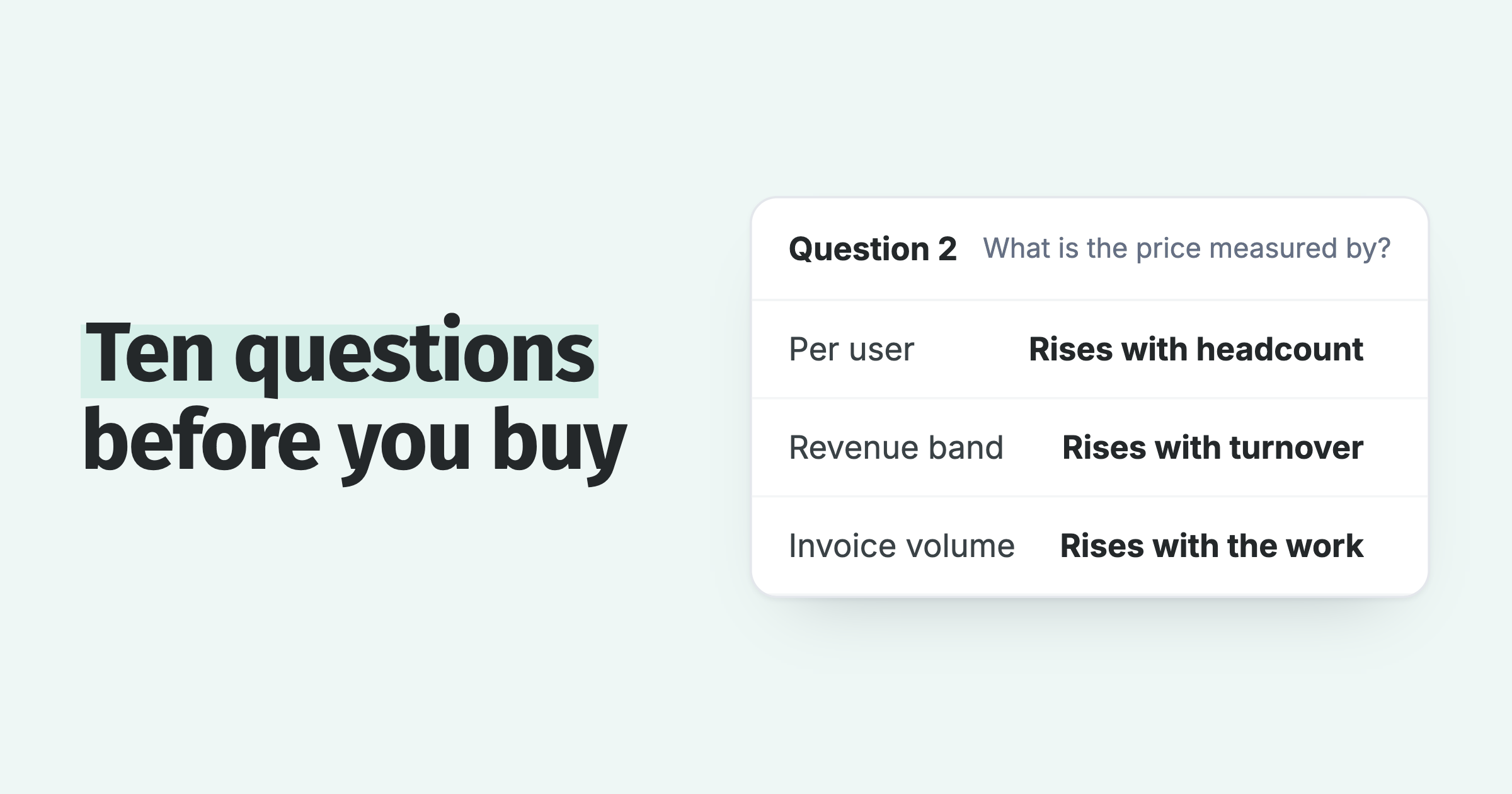 Buyer question on pricing: per user rises with headcount, revenue band with turnover, invoice volume with the work