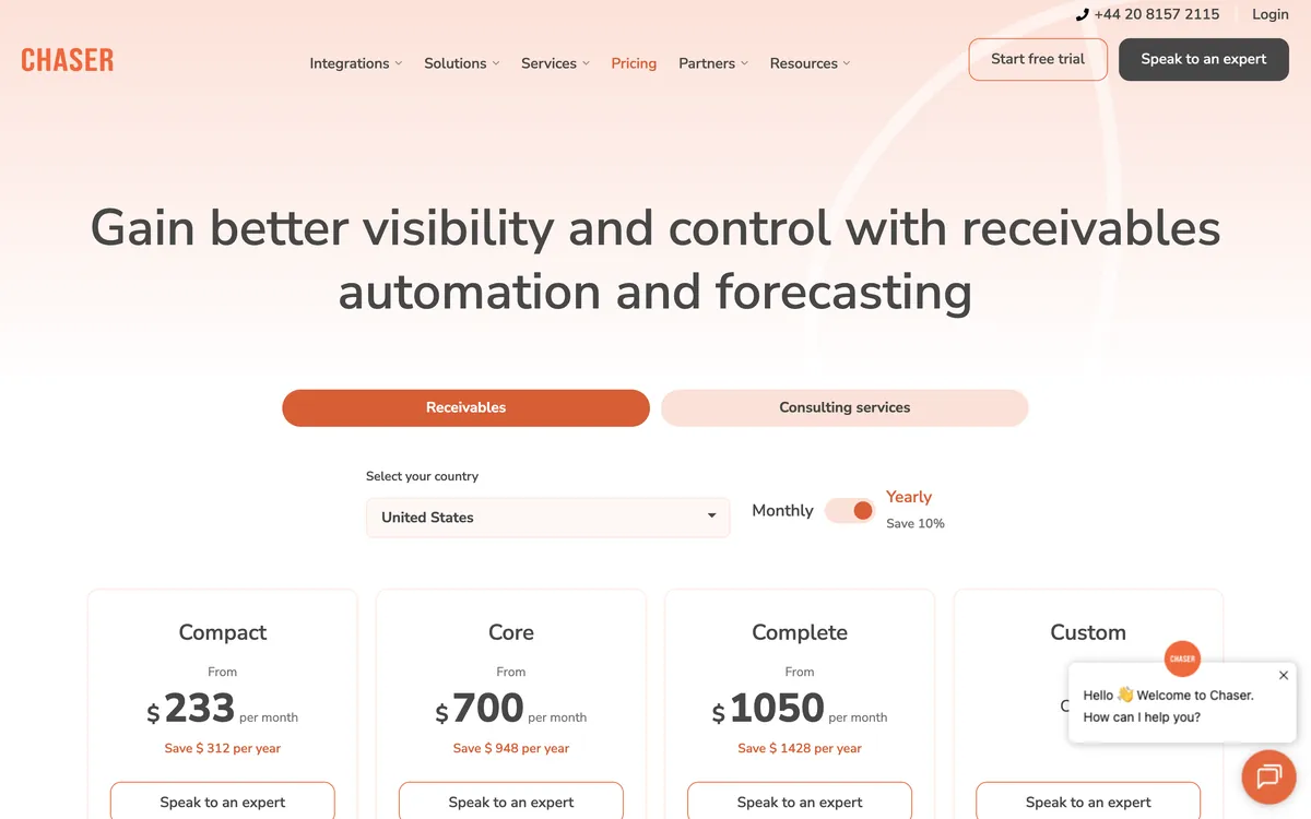 Chaser pricing page showing Compact from $233, Core from $700 and Complete from $1,050 a month on yearly billing, with the country set to United States
