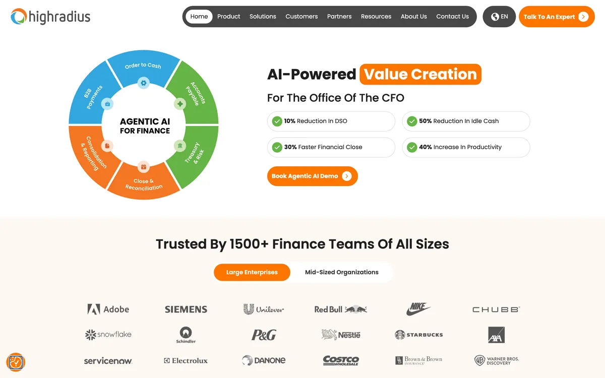 HighRadius homepage showing the headline AI-Powered Value Creation for the Office of the CFO, above a customer logo wall that includes Adobe, Siemens, Unilever and Nike