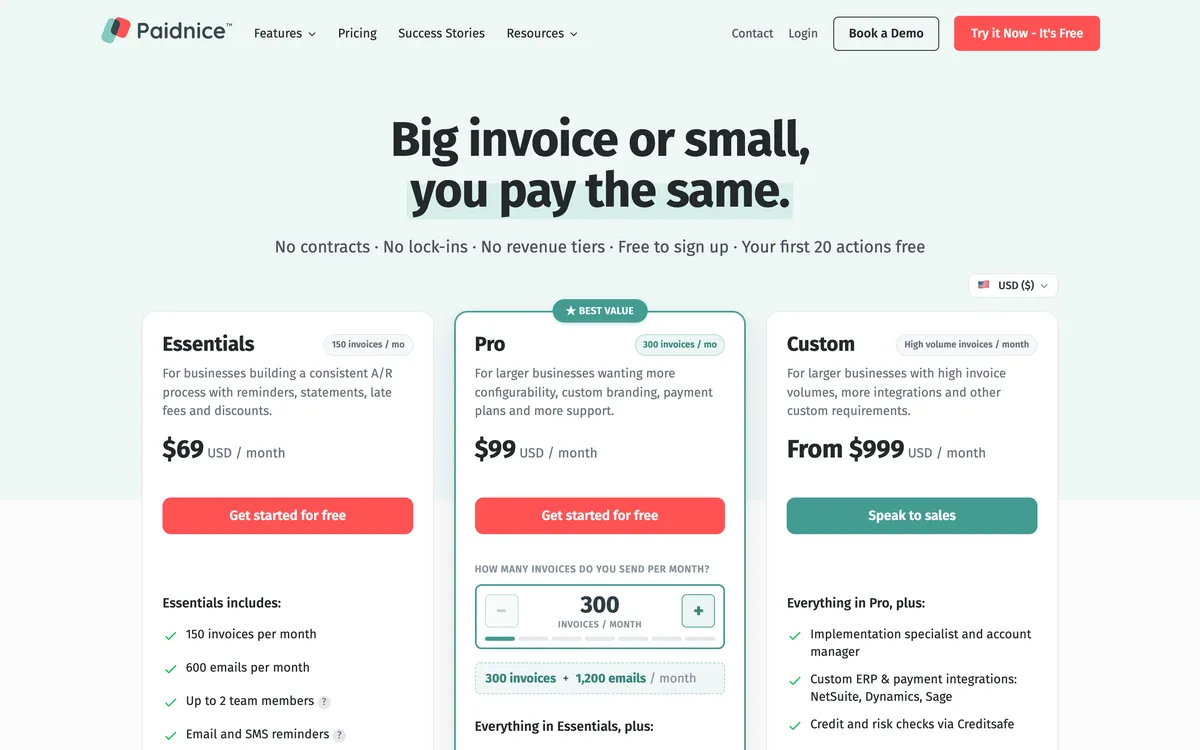 Paidnice pricing page showing Essentials at $69, Pro at $99 and Custom from $999 a month in USD