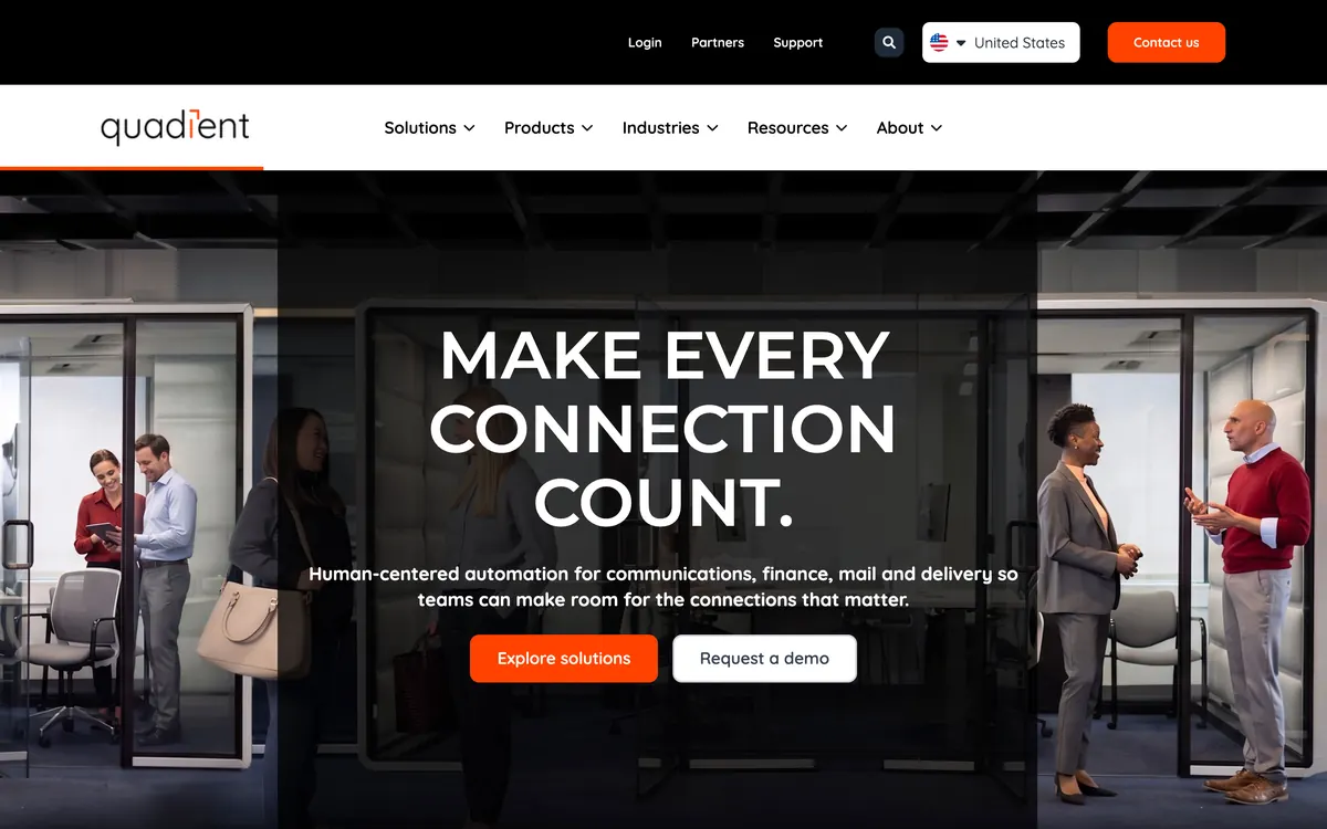 Quadient homepage showing the headline Make every connection count