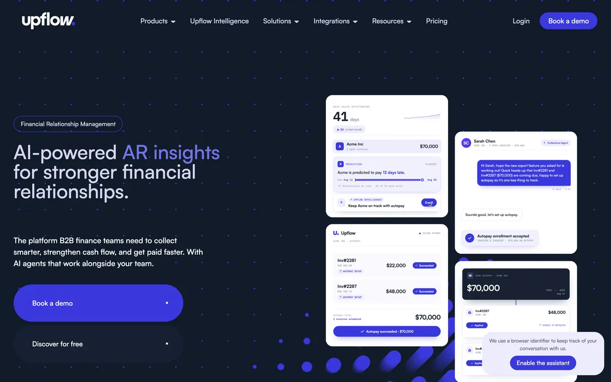 Upflow homepage showing the headline AI-powered AR insights for stronger financial relationships, beside a DSO card, a payment prediction and an autopay chat