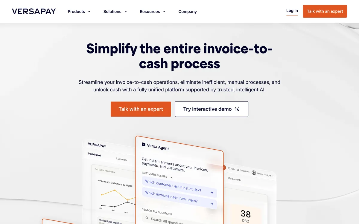 Versapay homepage showing the headline Simplify the entire invoice-to-cash process, above a Versa Agent panel and a DSO dashboard