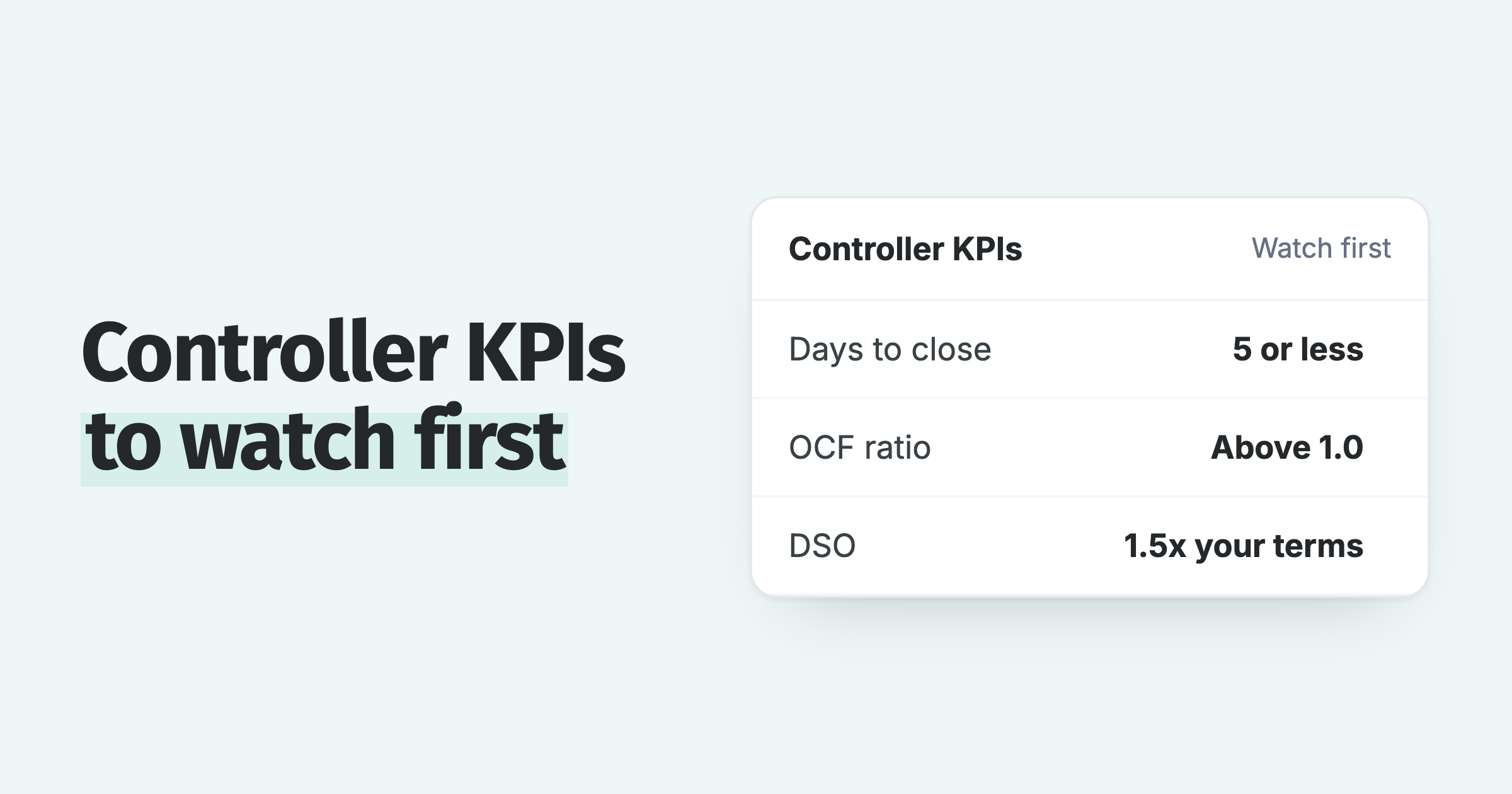 Controller KPI card: days to close 5 or less, operating cash flow ratio above 1.0, DSO within 1.5 times terms
