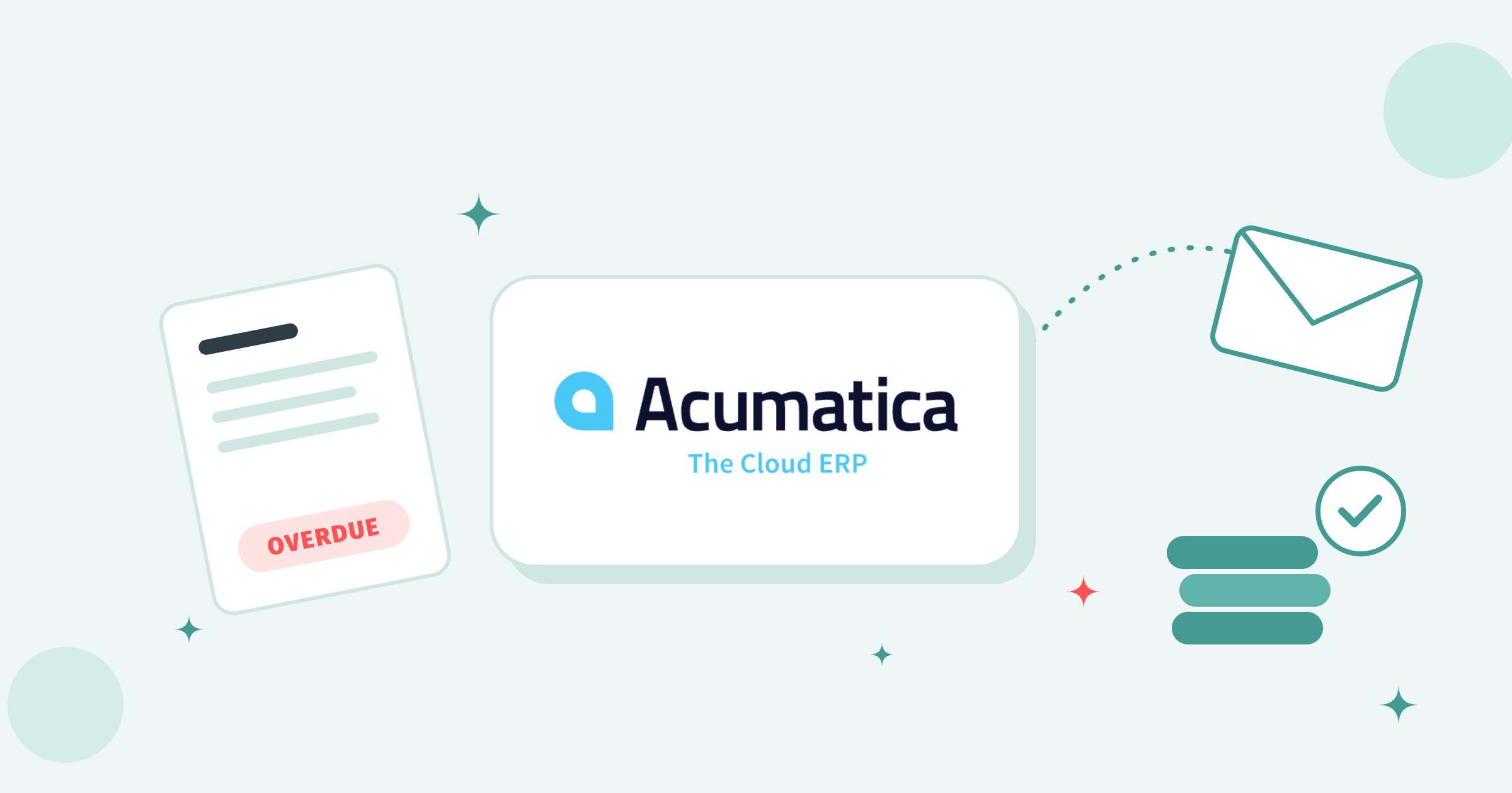Acumatica logo on a white tile between an overdue invoice, a flying envelope and a stack of paid coins