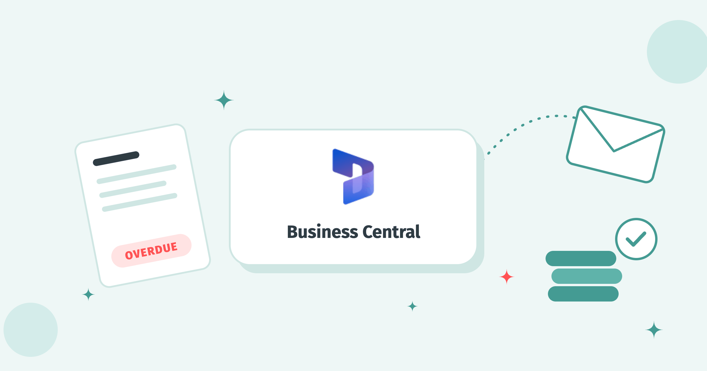 Business Central logo on a white tile between an overdue invoice, a flying envelope and a stack of paid coins