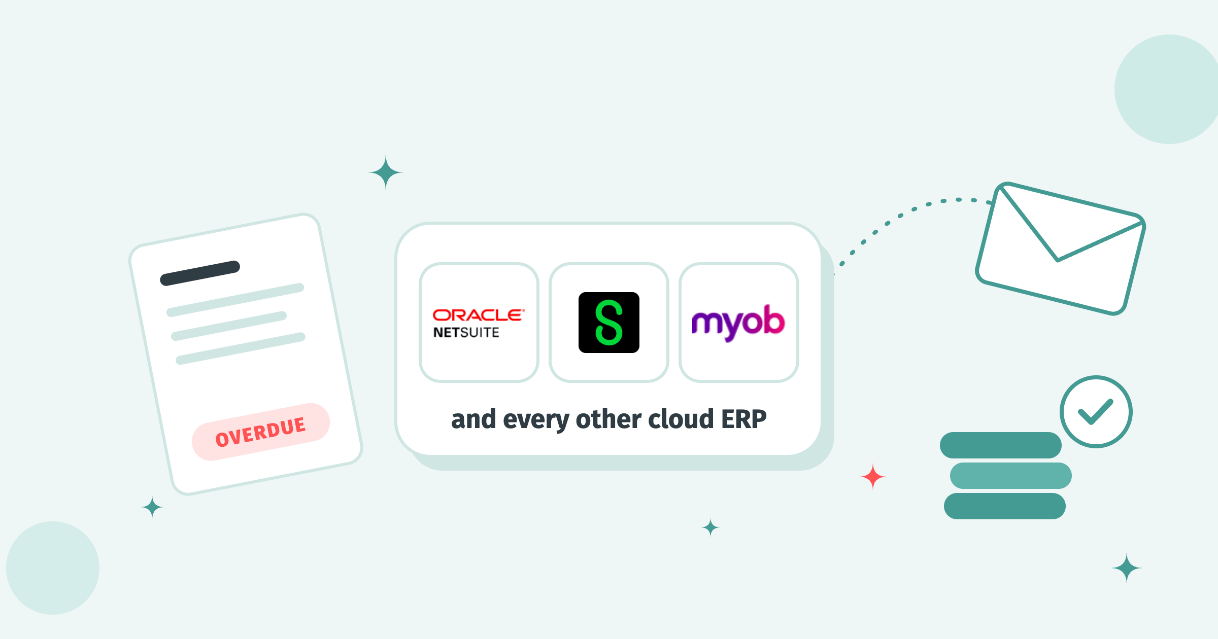 NetSuite, Sage and MYOB logos on a white tile between an overdue invoice, a flying envelope and a stack of paid coins