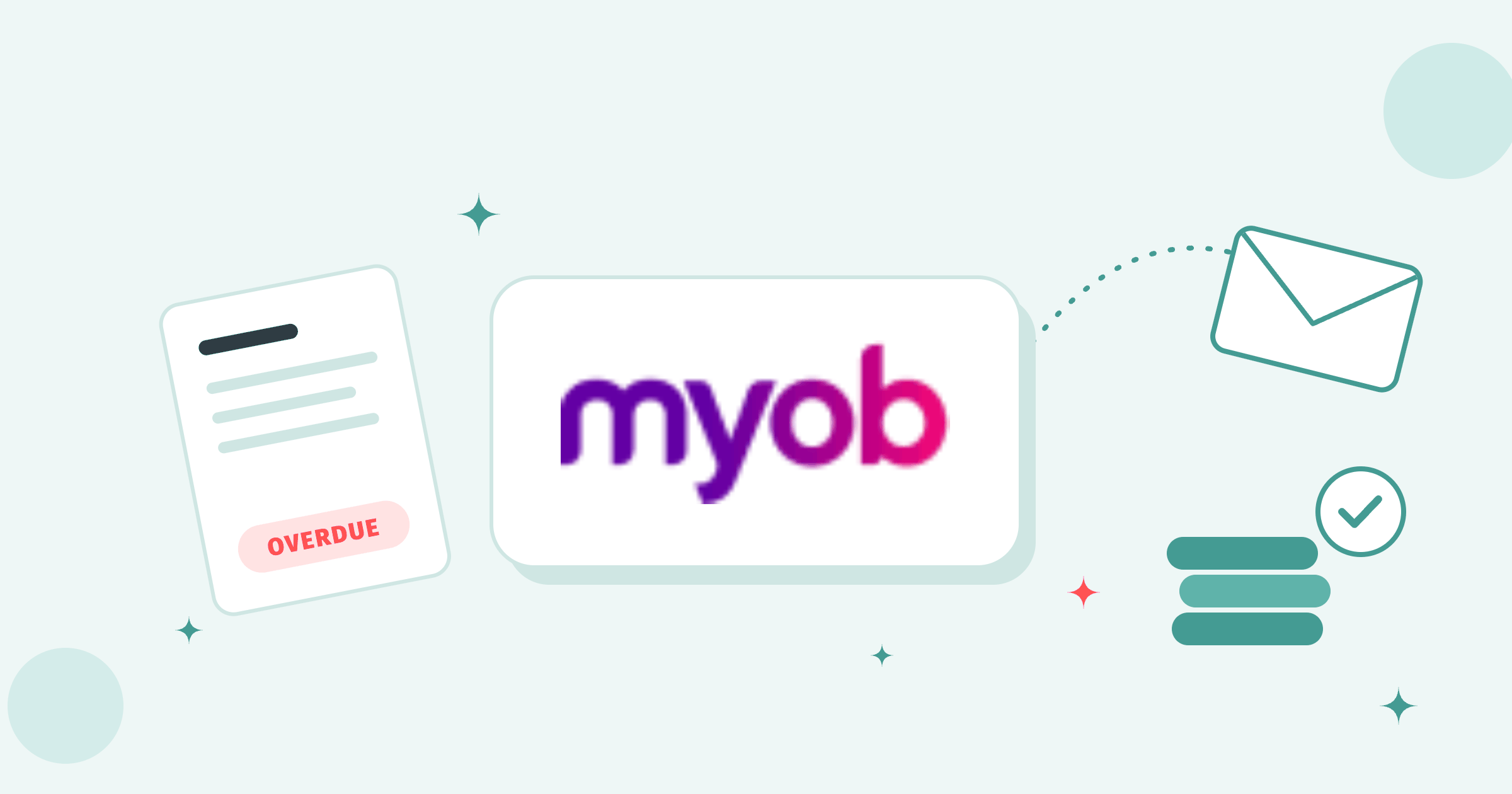 MYOB logo on a white tile between an overdue invoice, a flying envelope and a stack of paid coins