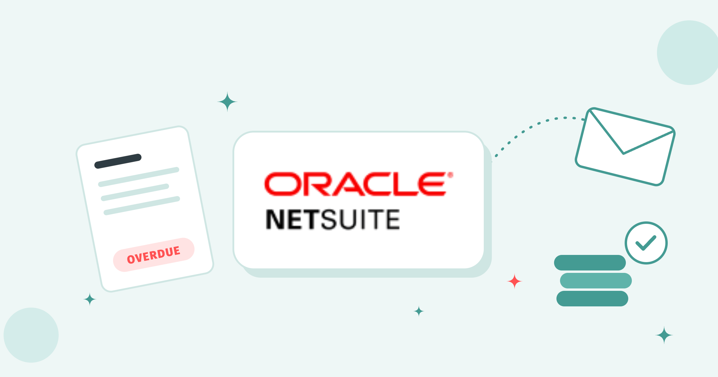 NetSuite logo on a white tile between an overdue invoice, a flying envelope and a stack of paid coins