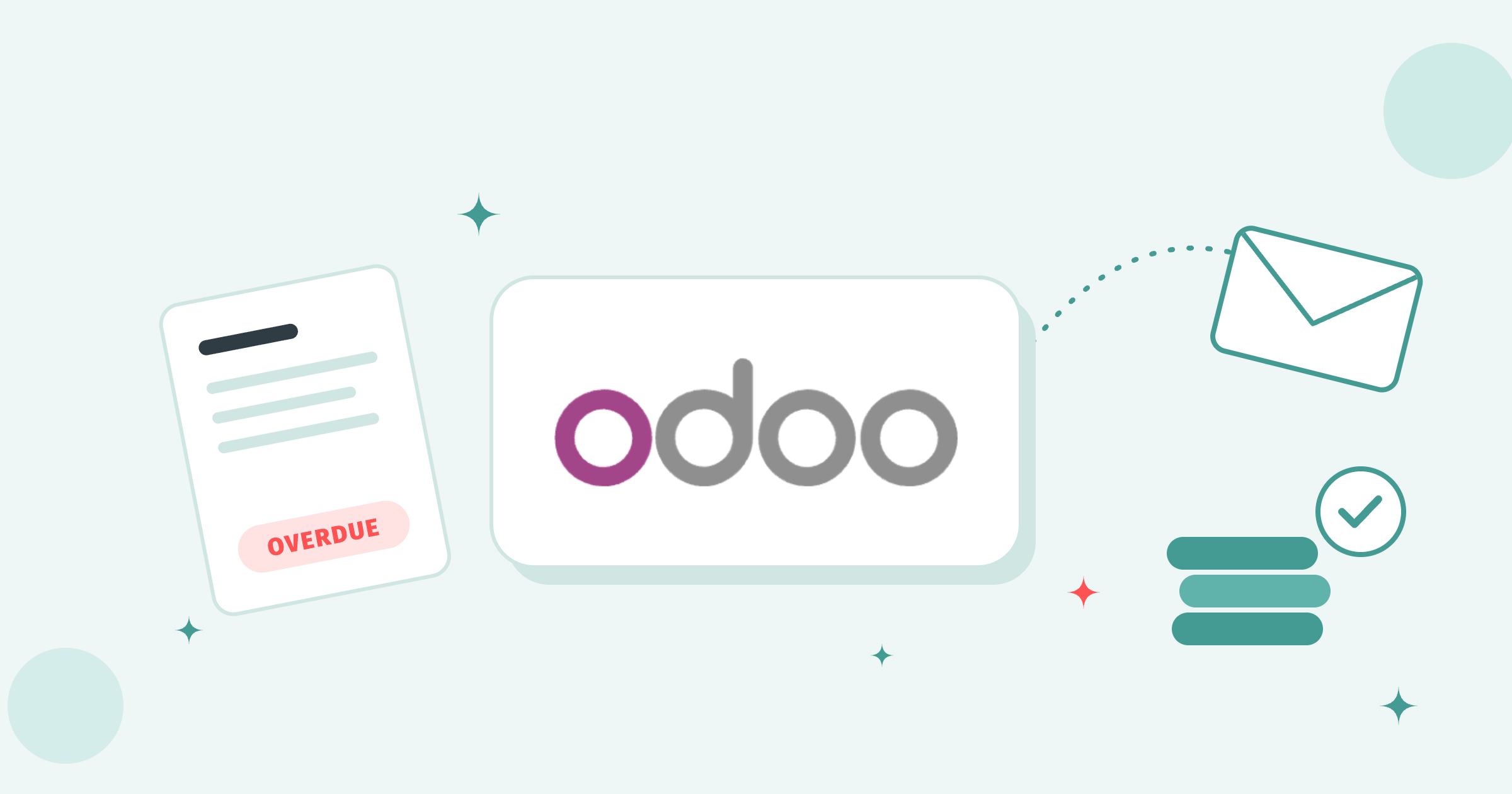 Odoo logo on a white tile between an overdue invoice, a flying envelope and a stack of paid coins