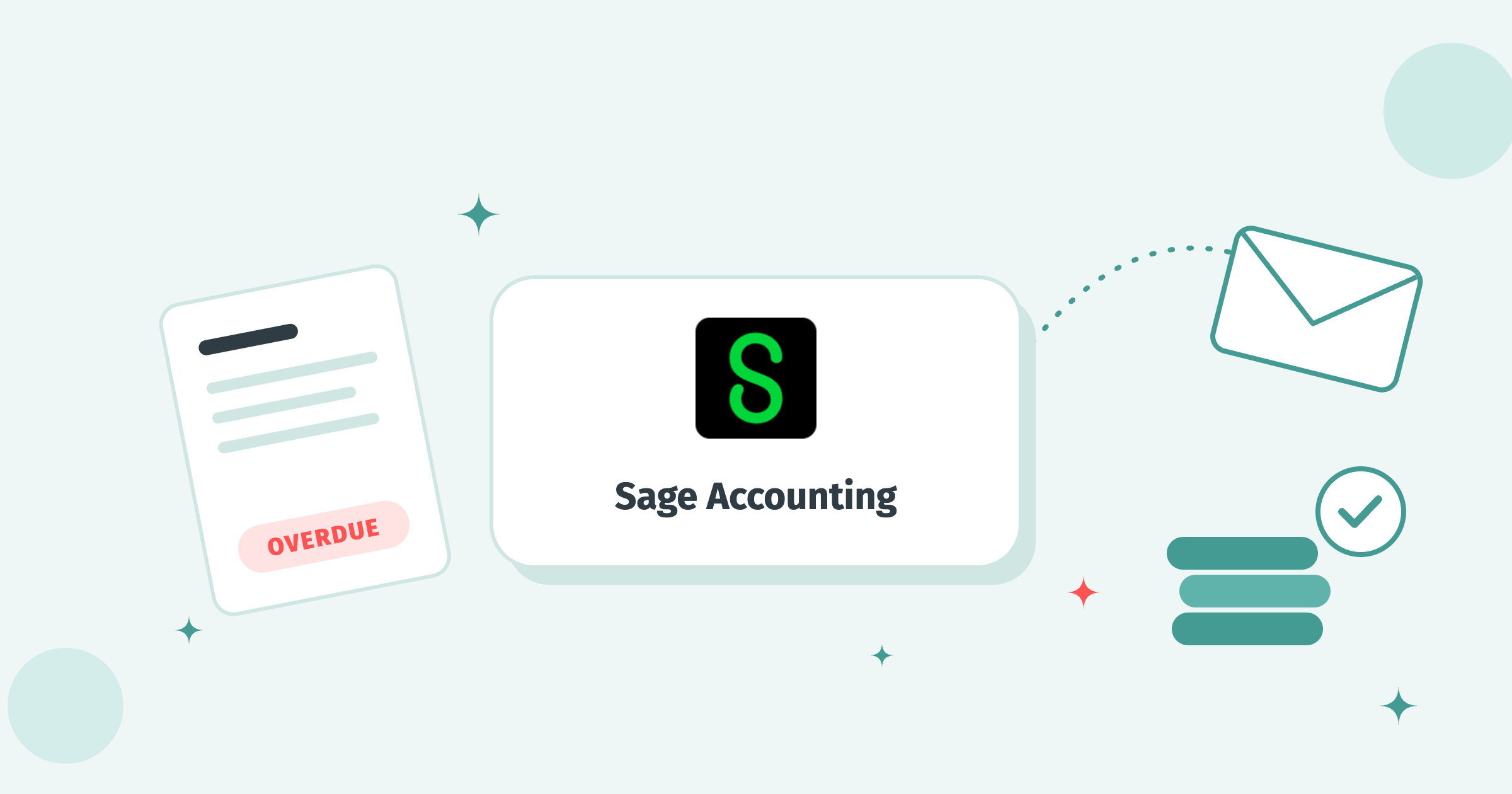 Sage Accounting logo on a white tile between an overdue invoice, a flying envelope and a stack of paid coins