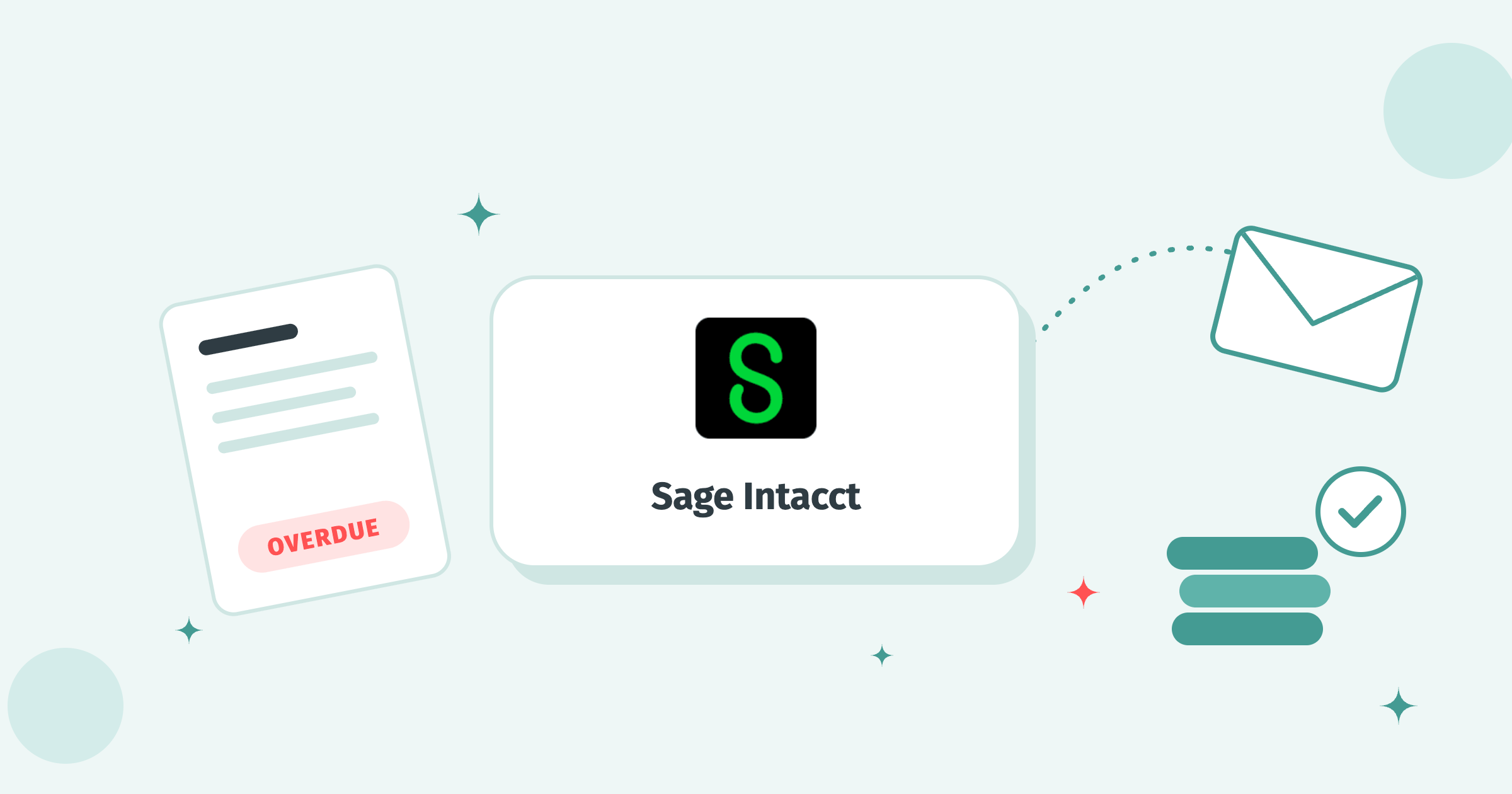 Sage Intacct logo on a white tile between an overdue invoice, a flying envelope and a stack of paid coins