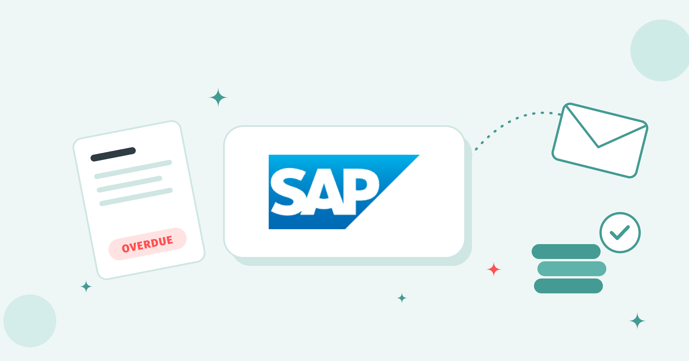SAP logo on a white tile between an overdue invoice, a flying envelope and a stack of paid coins