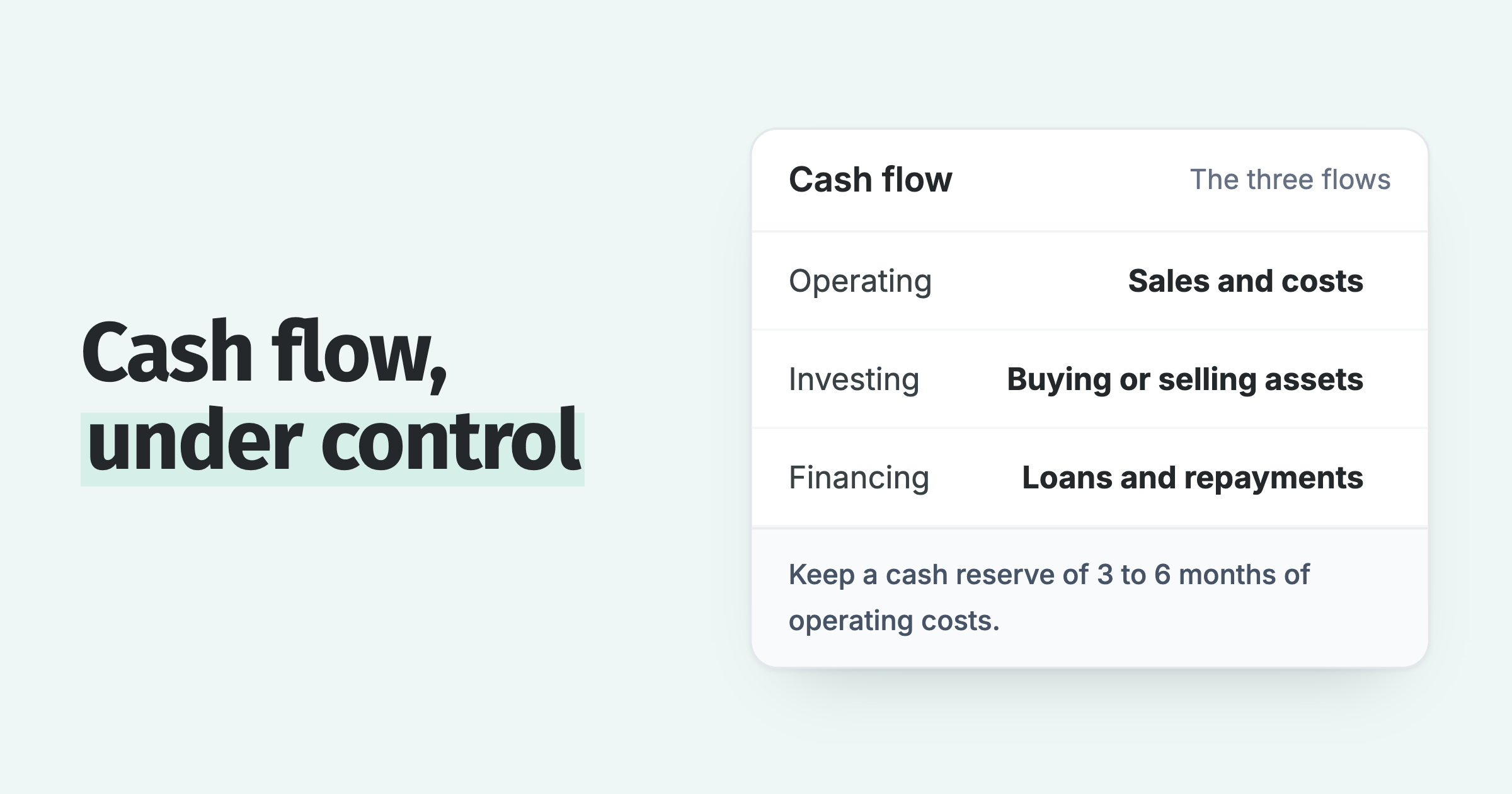 The three cash flows, operating, investing and financing, and a reserve of 3 to 6 months of operating costs
