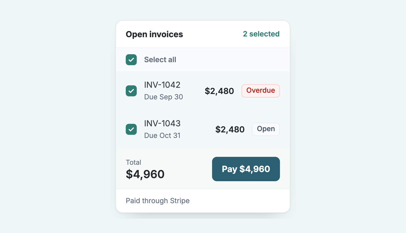 Paidnice portal for a QuickBooks customer: two open invoices selected, pay 4,960 dollars through Stripe