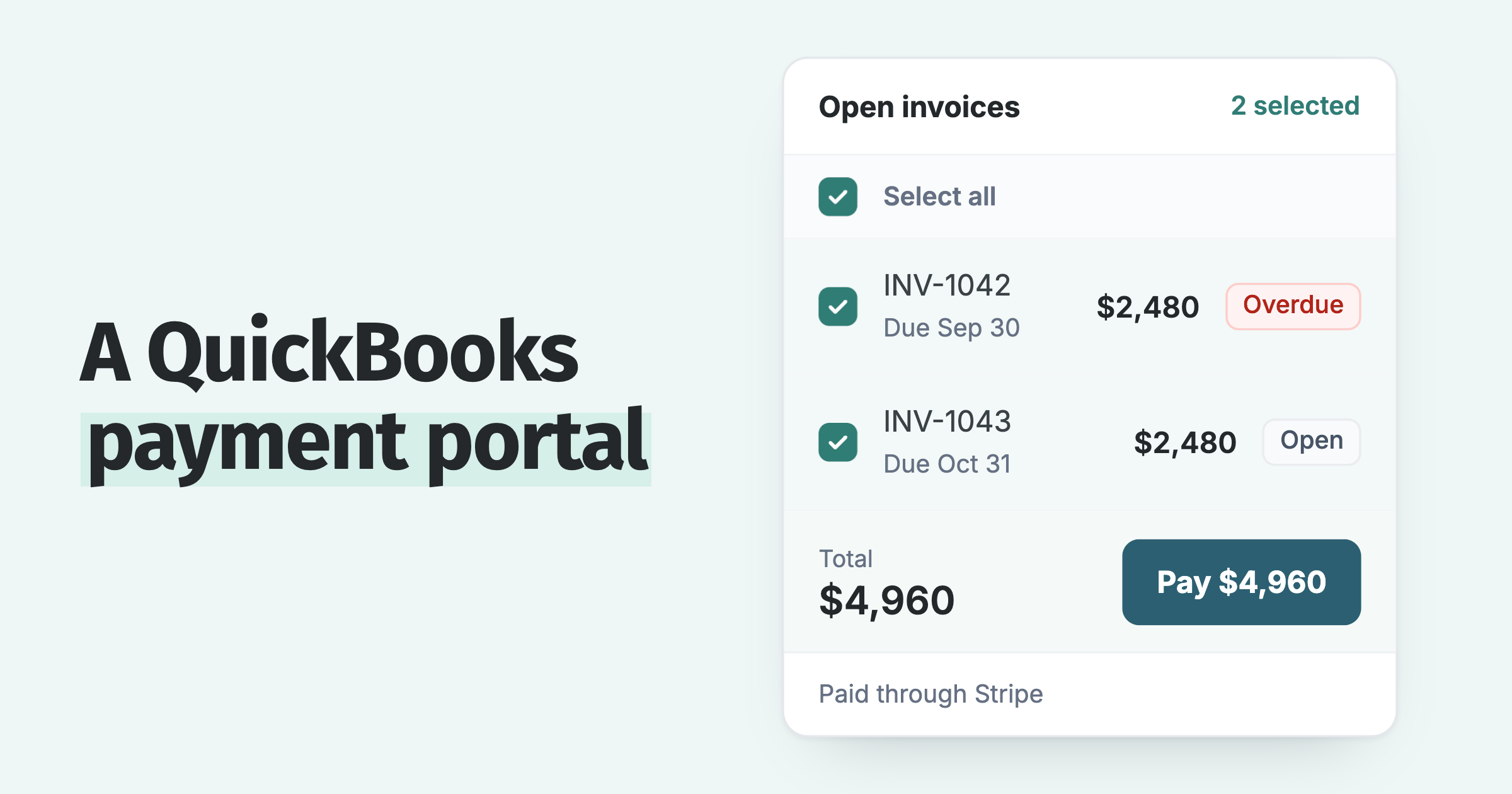 Customer portal for Northline Ltd with two open invoices ticked and paid together for $4,960