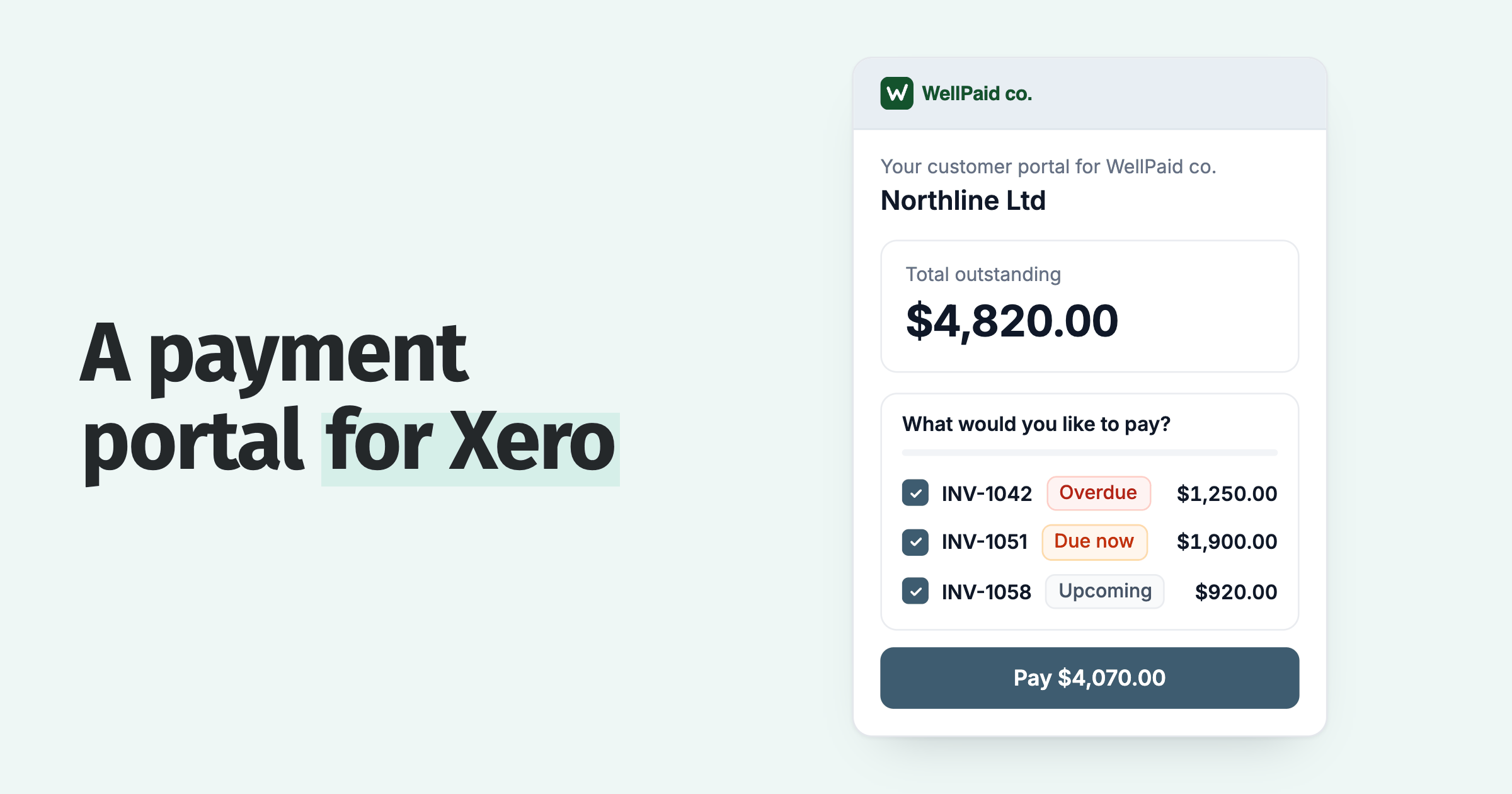 Customer payment portal for Northline Ltd: $4,820.00 owing across open invoices, with three ticked to pay
