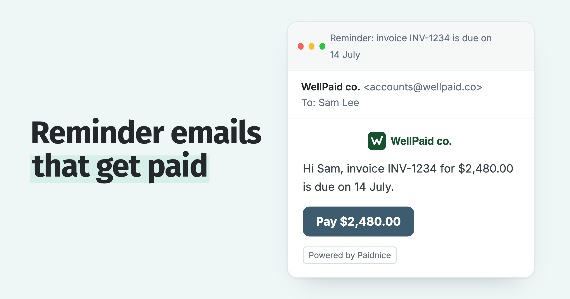 Payment reminder email with the invoice number and due date in the subject line and a Pay button