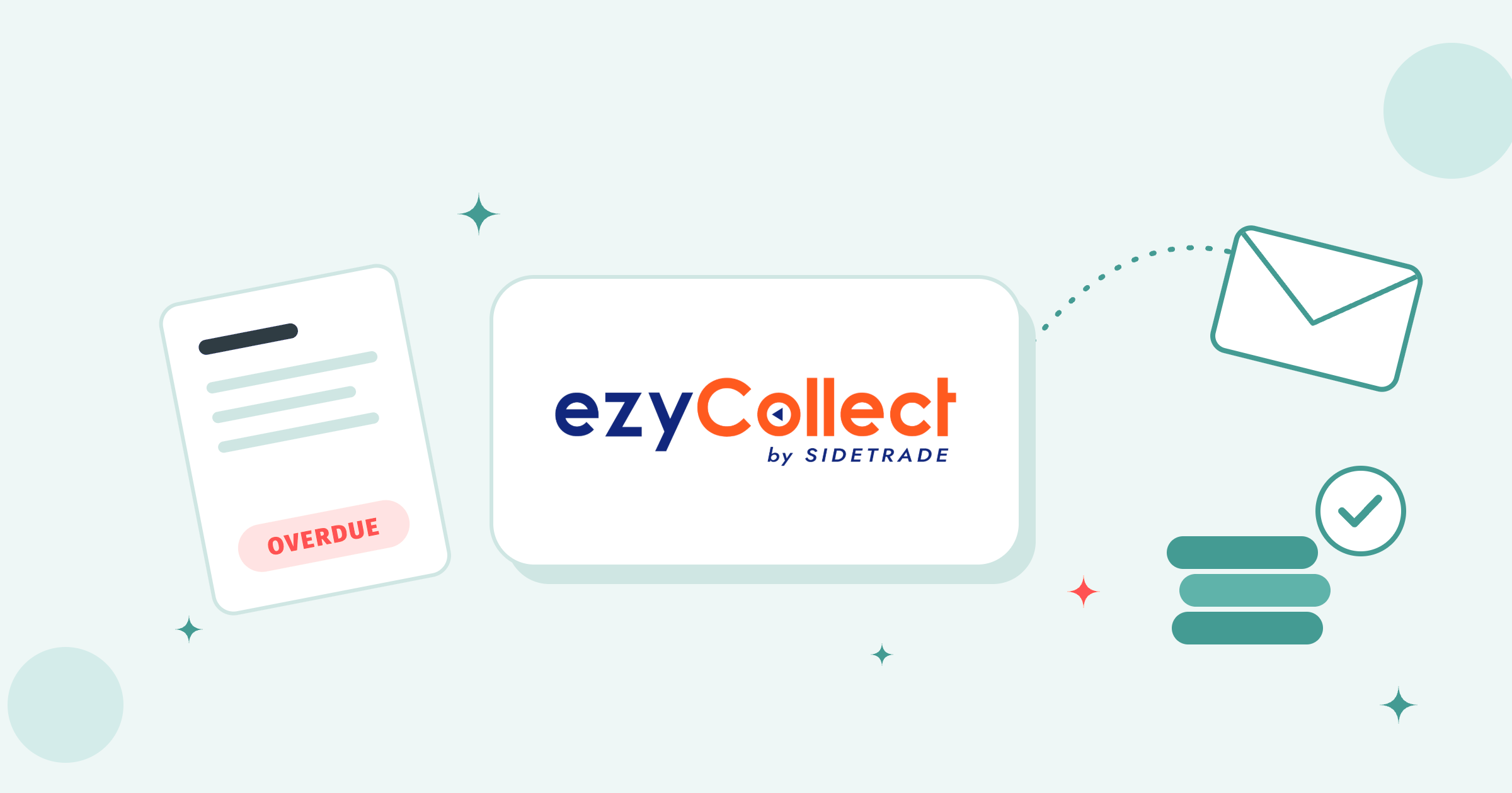 ezyCollect logo on a white tile between an overdue invoice and a flying envelope with a stack of paid coins