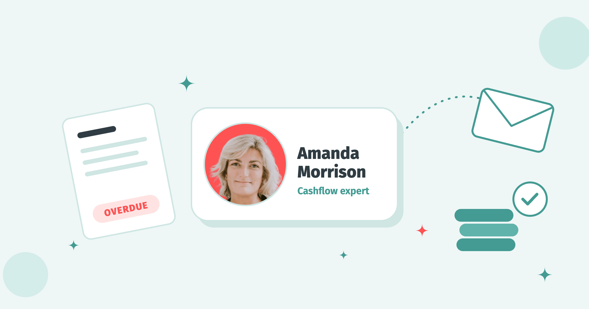 Round portrait of cashflow expert Amanda Morrison on a white tile, with an overdue invoice, an envelope and paid coins