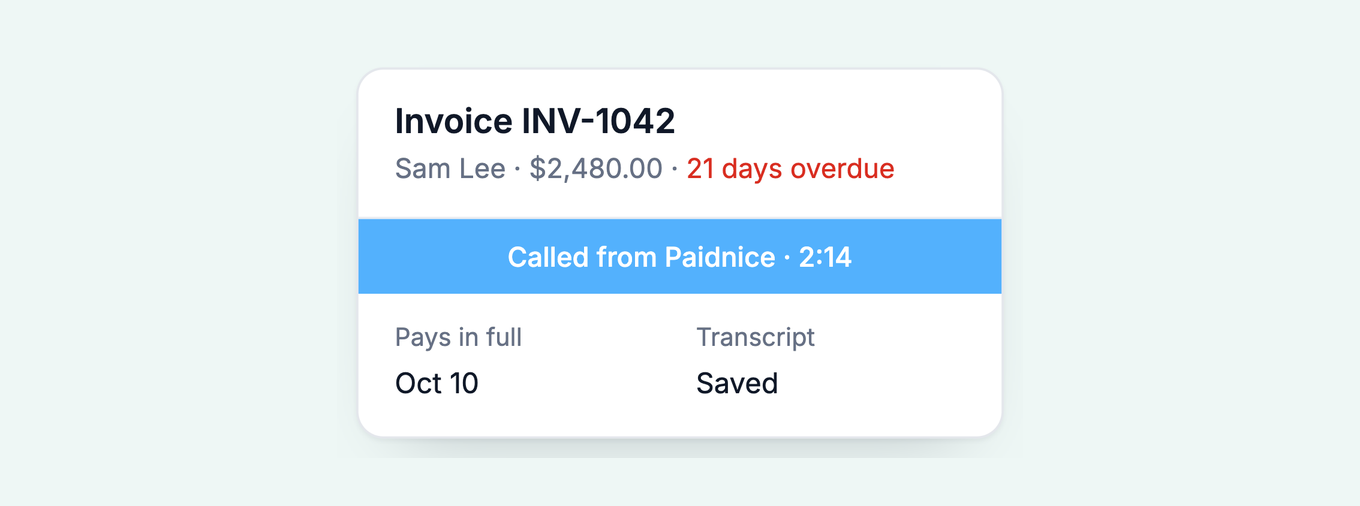 Invoice INV-1042 called from Paidnice for 2 minutes 14 seconds: pays in full Oct 10, transcript saved
