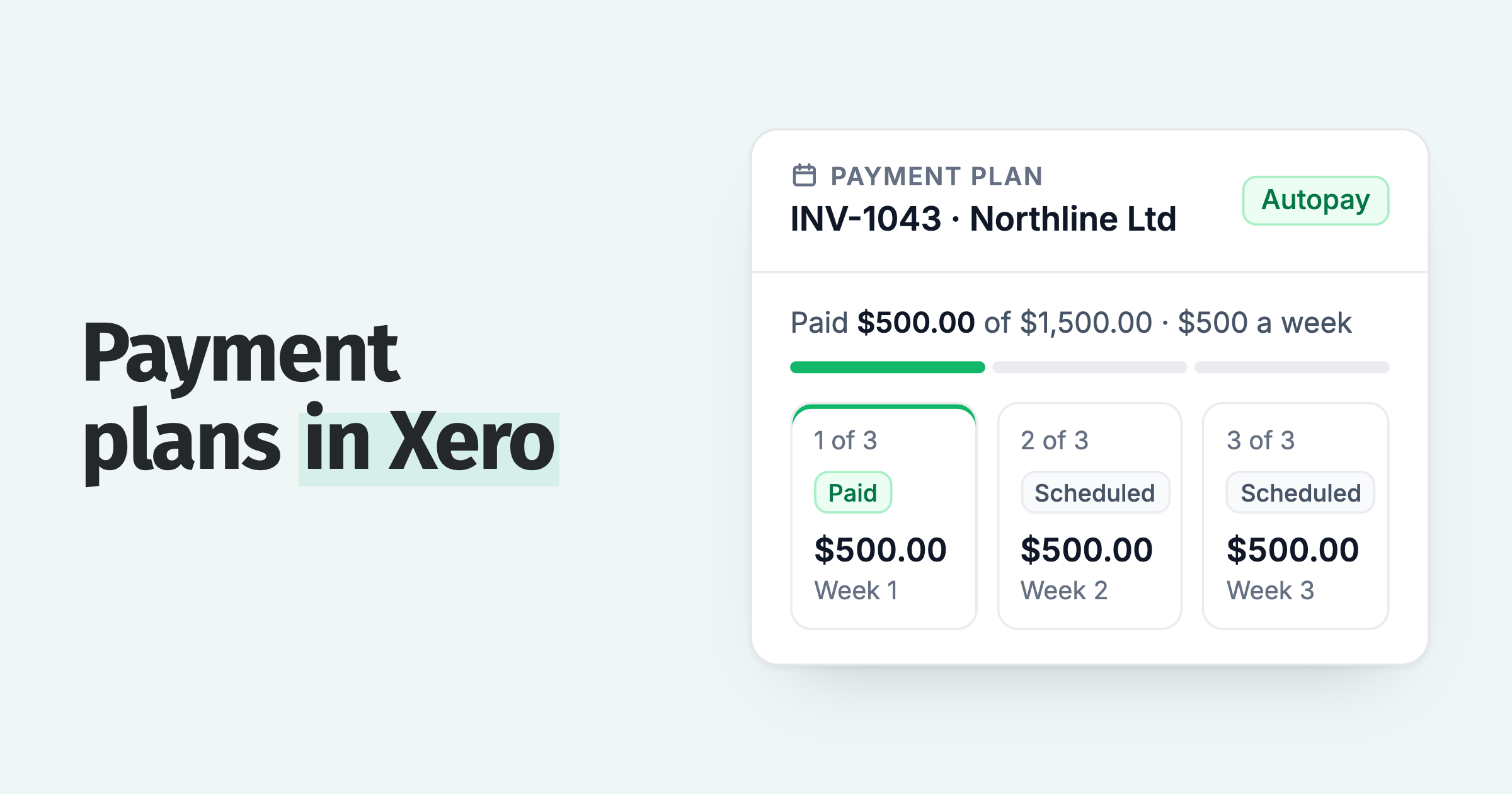 Payment plan on one Xero invoice: three weekly $500 installments with autopay, the first one paid