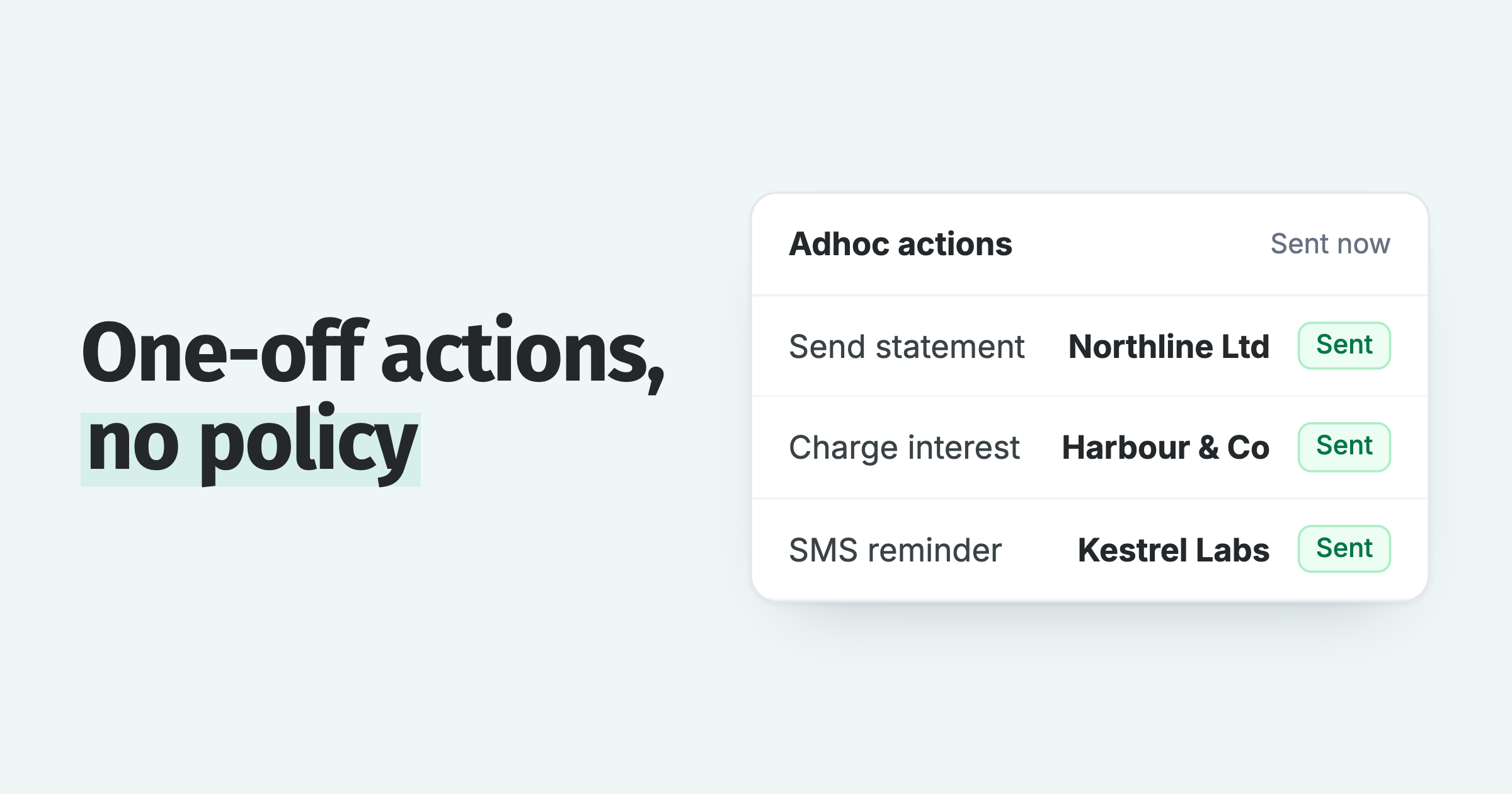 Adhoc actions sent without a policy: a statement, an interest charge and an SMS reminder