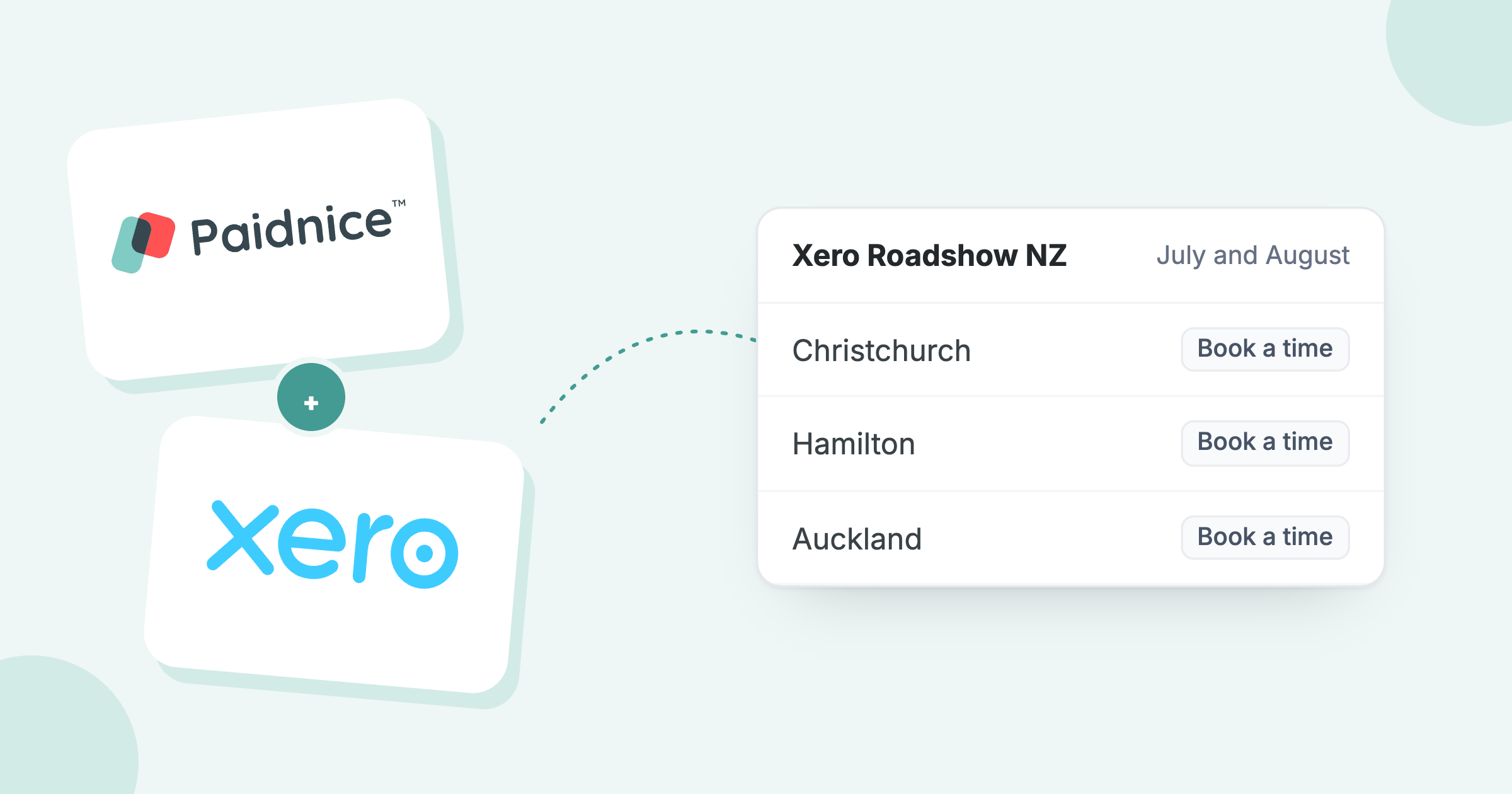 Paidnice and Xero logos beside the Xero Roadshow NZ stops: Christchurch, Hamilton and Auckland
