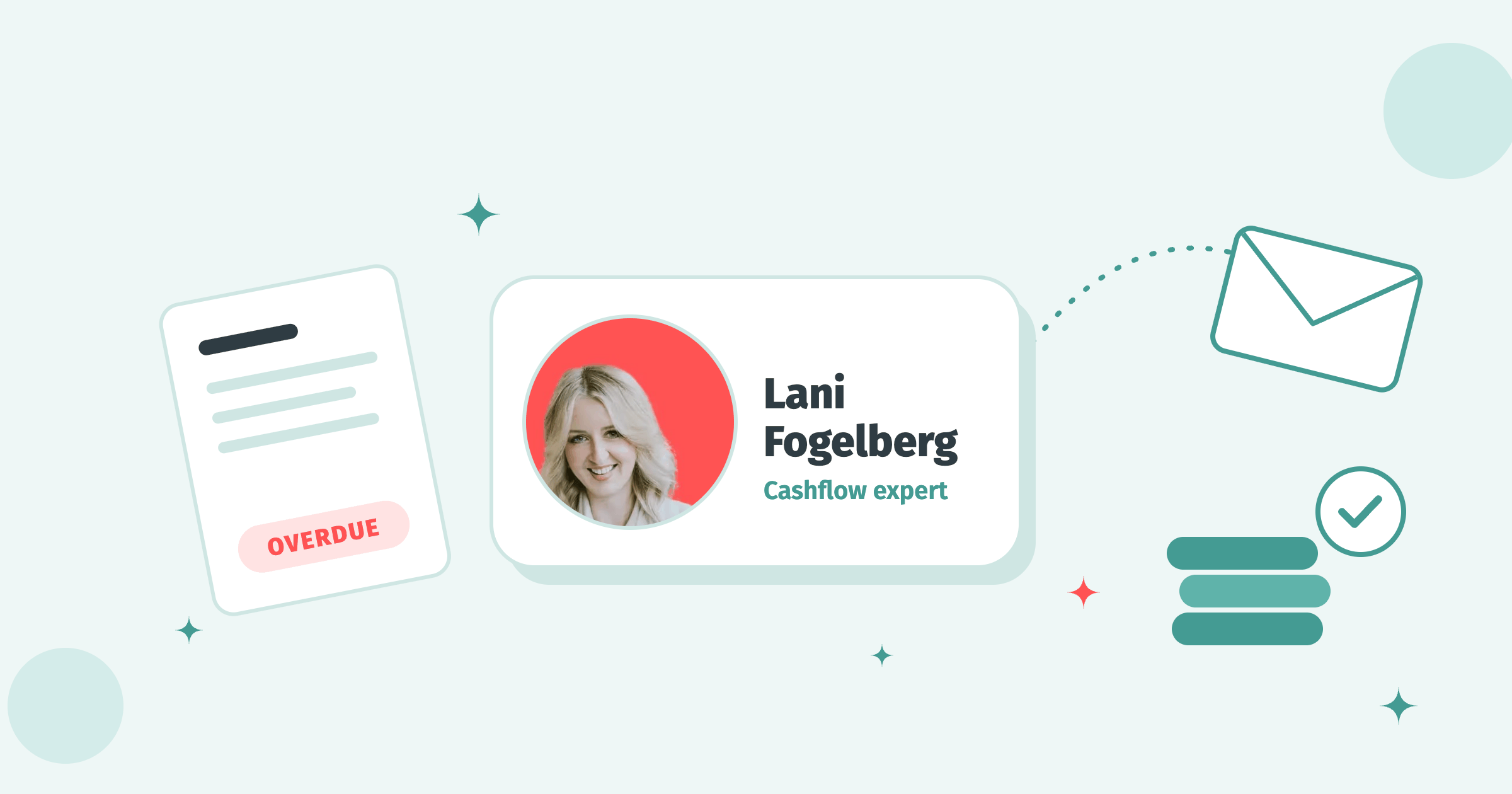 Round portrait of cashflow expert Lani Fogelberg on a white tile, with an overdue invoice, an envelope and paid coins